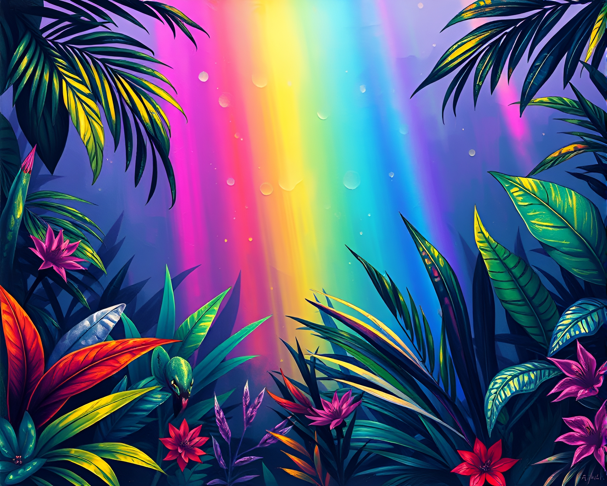 Rainbow Refraction in Neon Jungle – free AI stock image