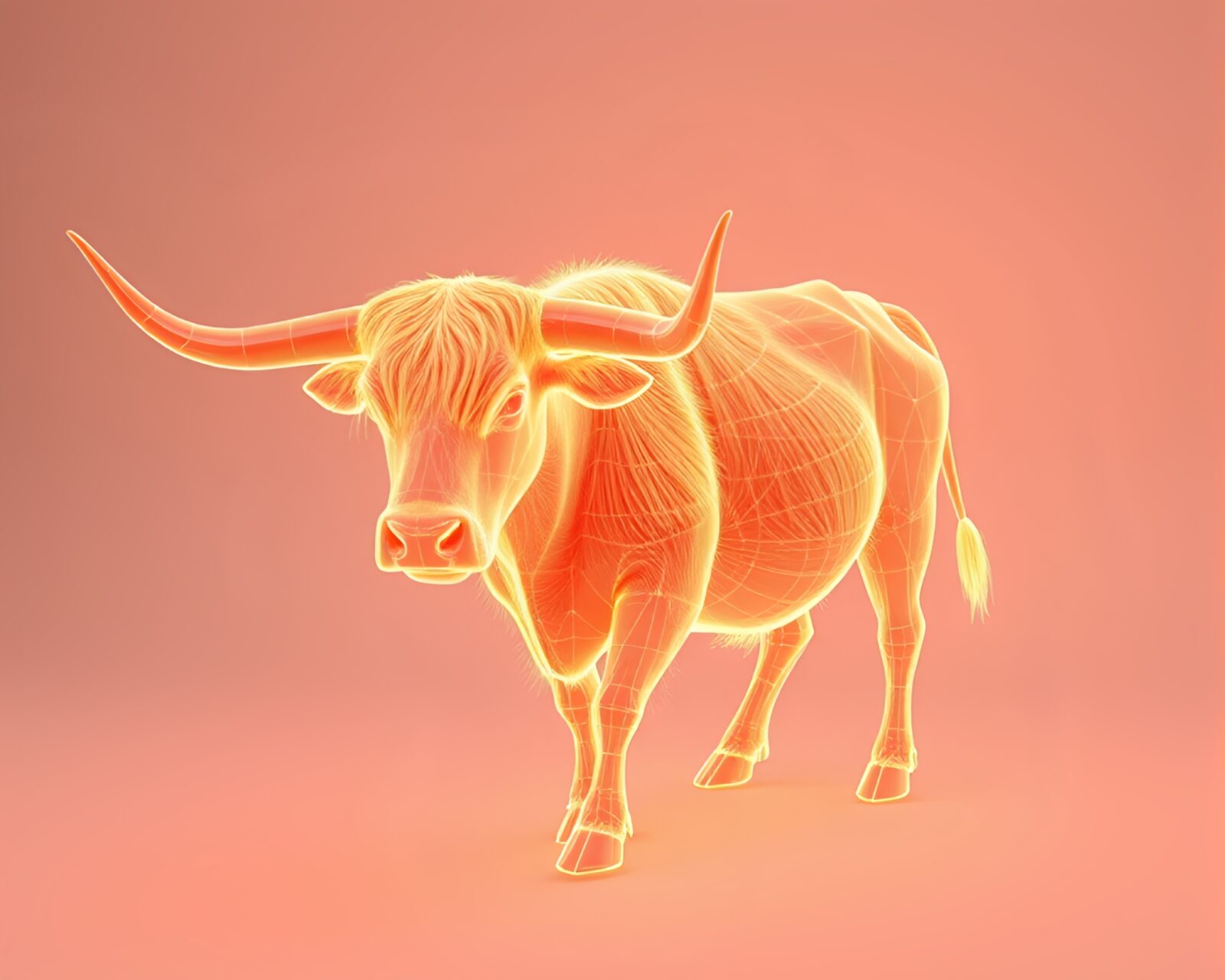 Sculptural Highland cow surrounded by wireframe glow at sunrise