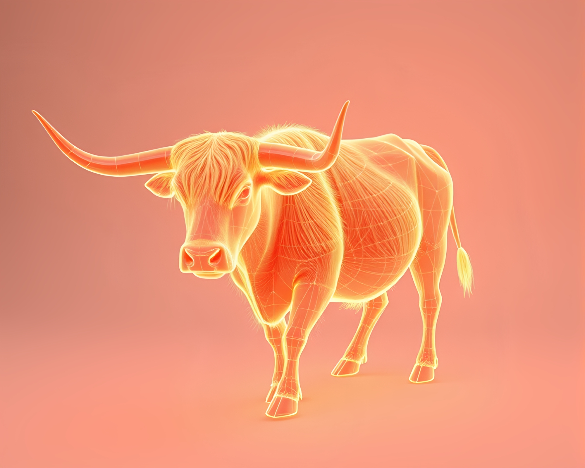 Dynamic Wireframe Highland Cow at Peachy Sunrise – free AI stock image