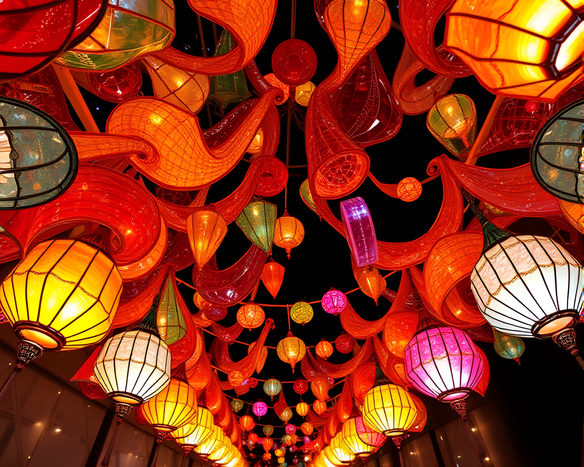 Carnival Lights shimmer over Origami Murano glass sculptures – free AI stock image