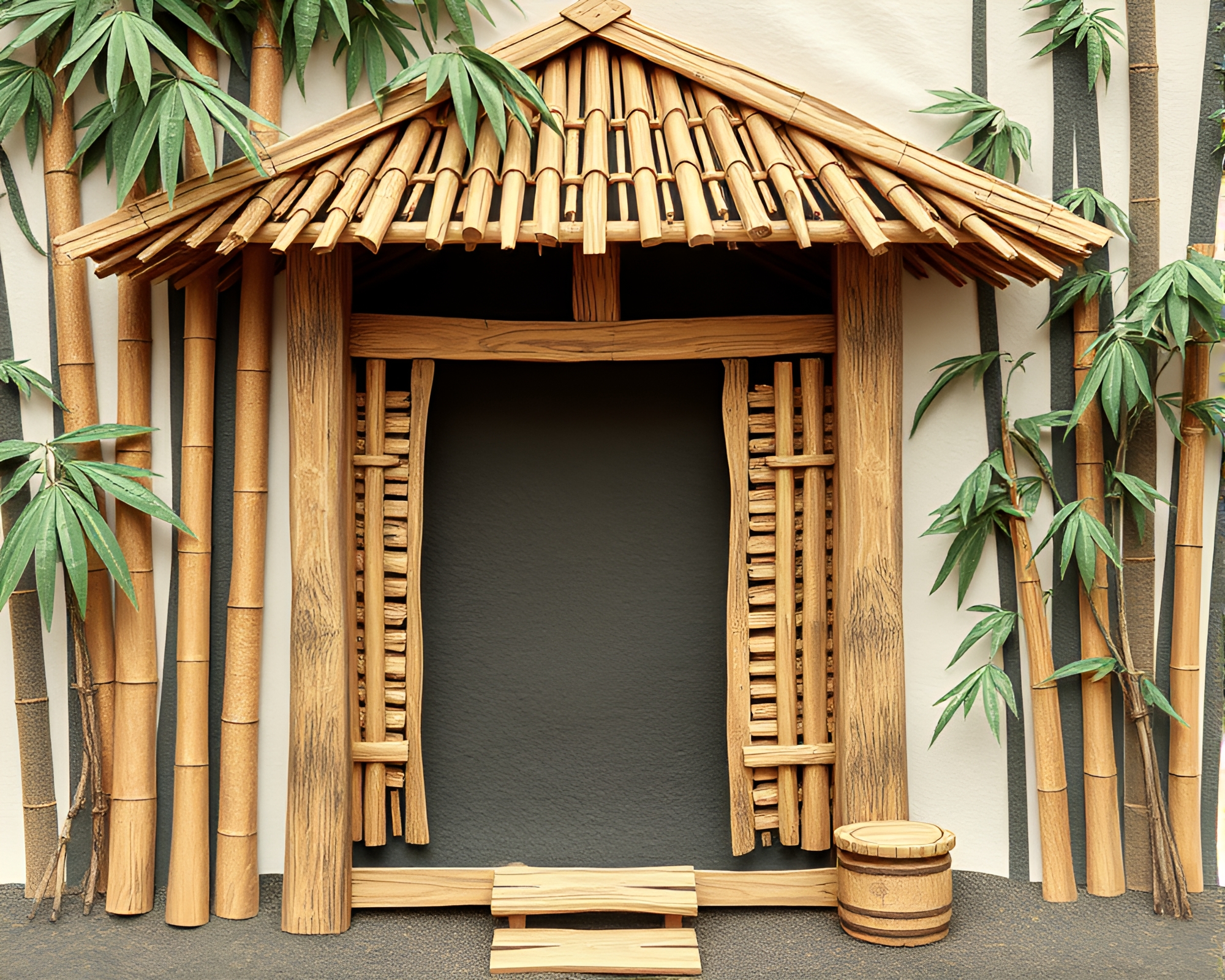 Bamboo Hut Fashion Illustration with Paper Textures – free AI stock image