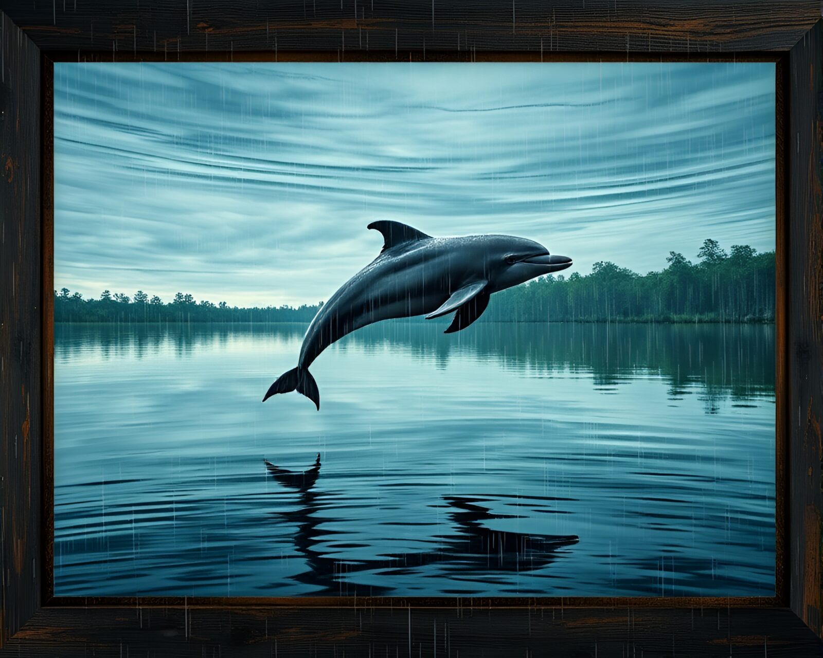Majestic pink river dolphin swimming under a rainy sky