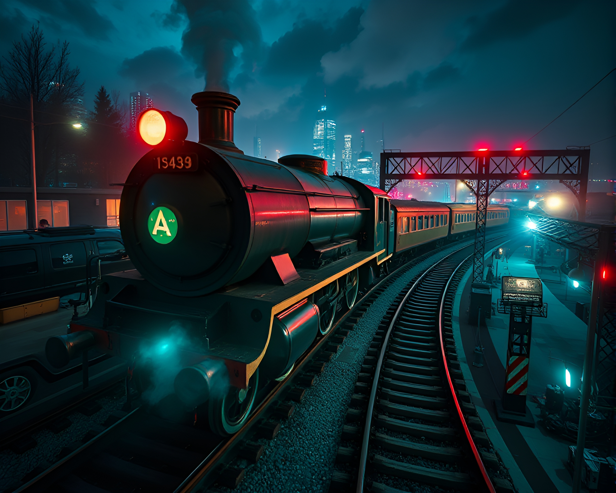 Vaporwave Steam Locomotive with Rim Lighting Bird’s Eye View – free AI stock image