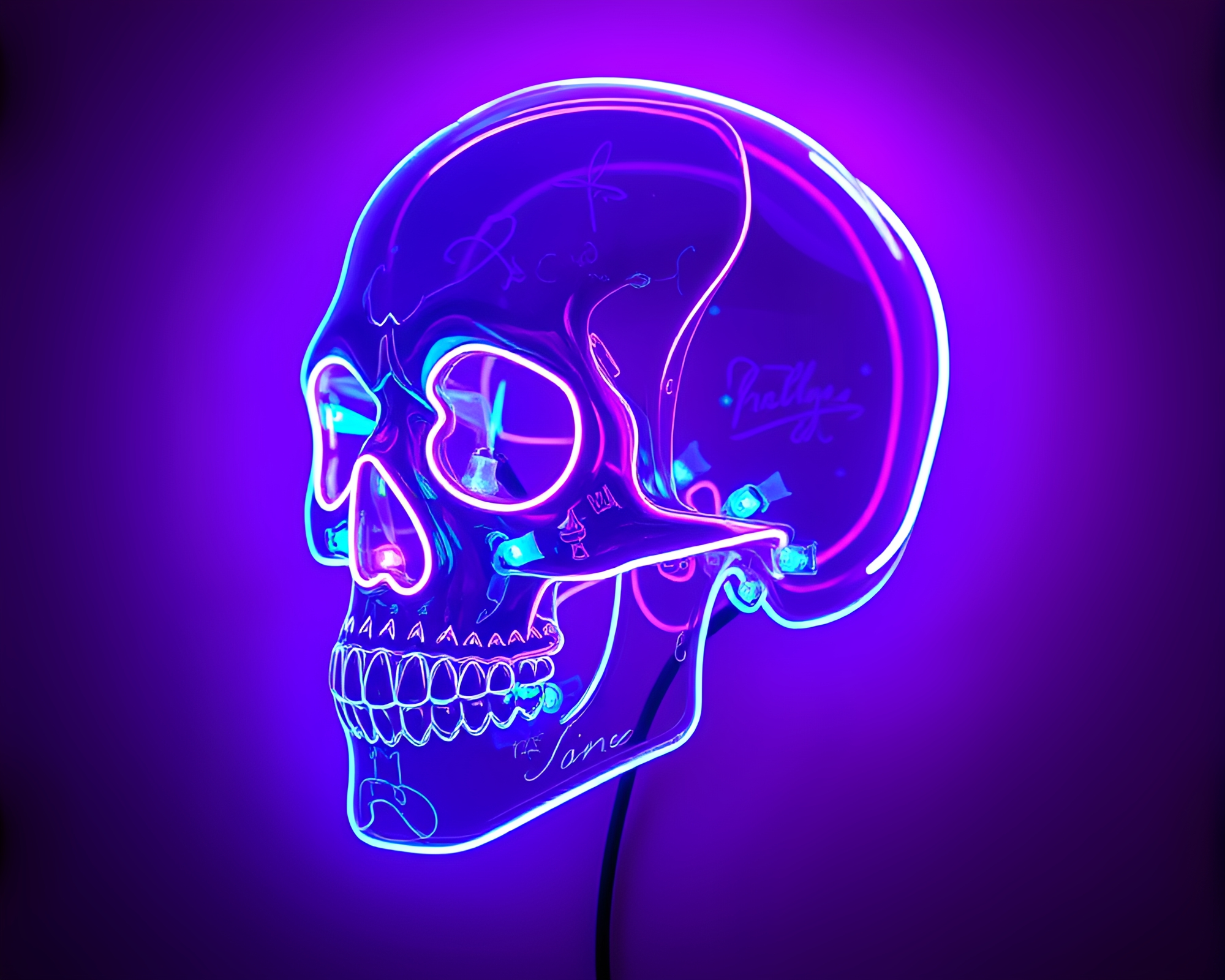 Neon Crystal Skull Illuminated Calligraphy Art – free AI stock image