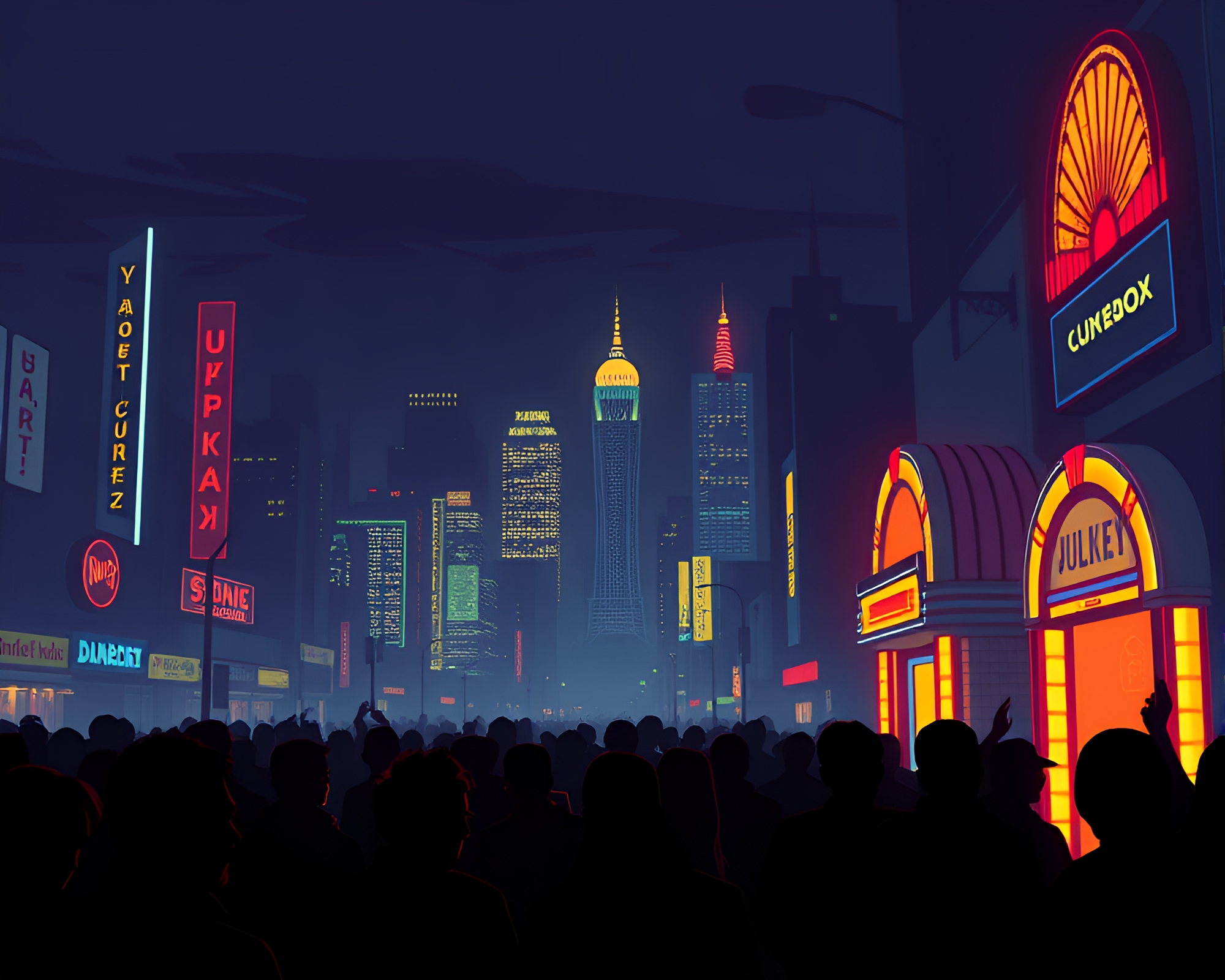 Neon City Jukebox Crowd Silhouette Graphic Novel Scene – free AI stock image
