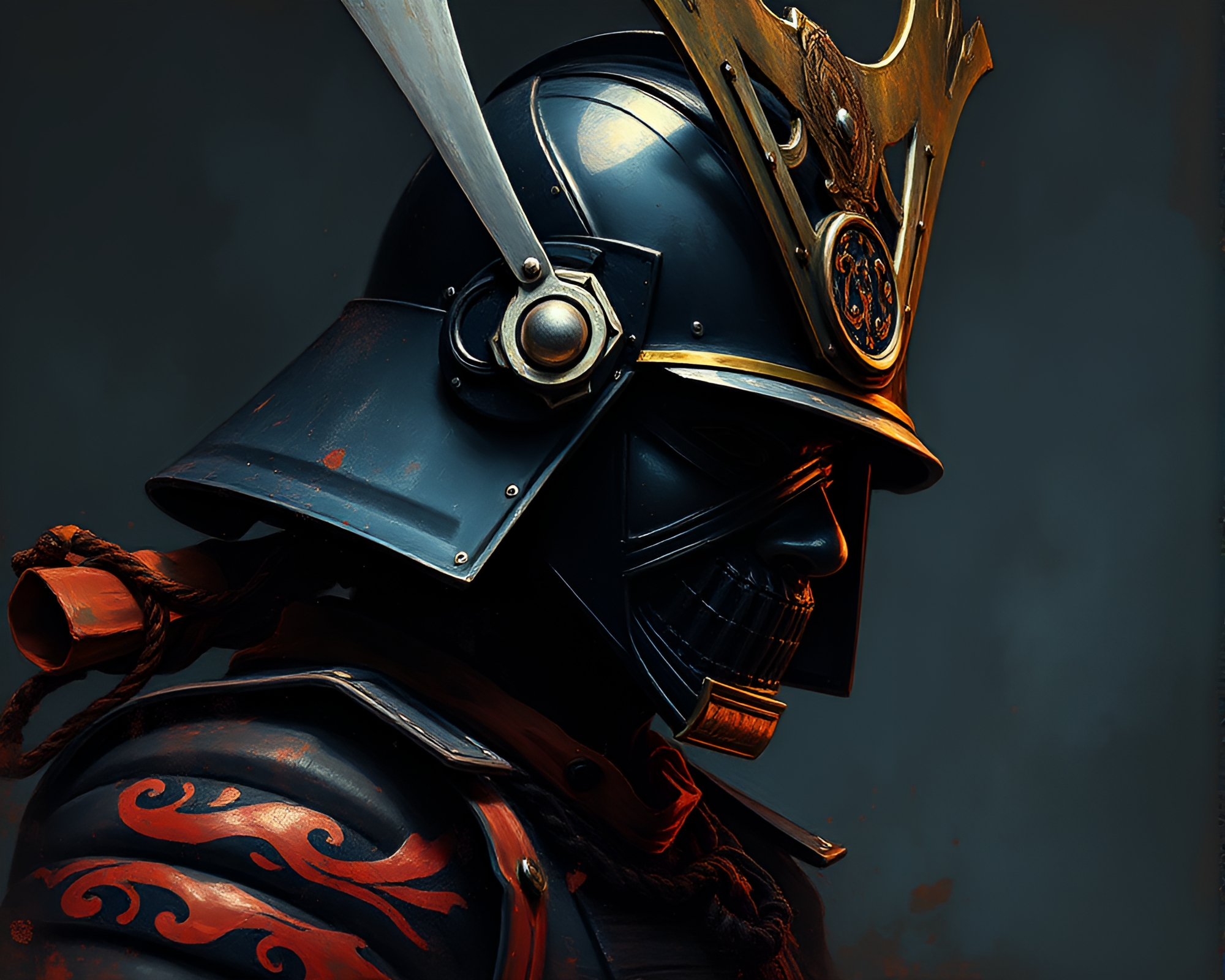 Samurai Helmet in Dramatic Lighting: Egg Tempera Style – free AI stock image
