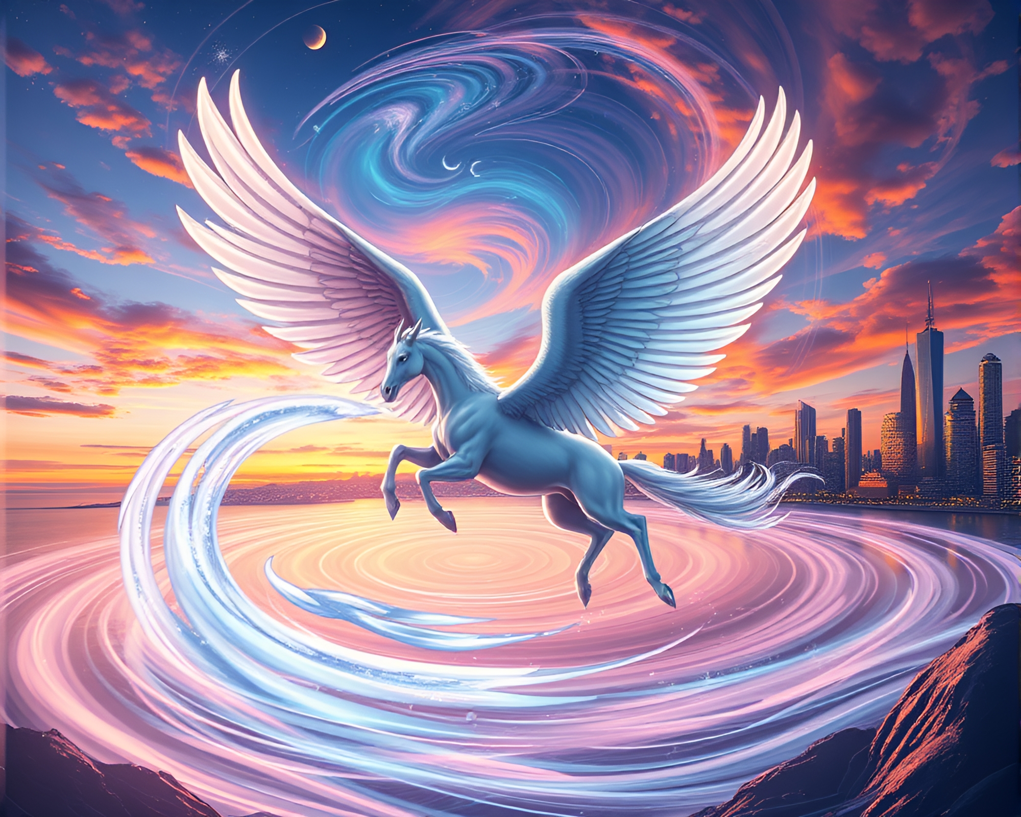 Swirling Vortex Sunset: Pegasus in Utopia – free AI stock image