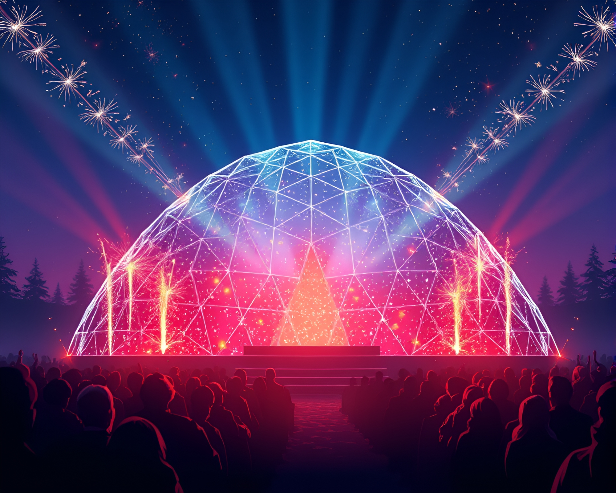 Cyberpunk Glass Igloo Concert with Sparkler Trails – free AI stock image