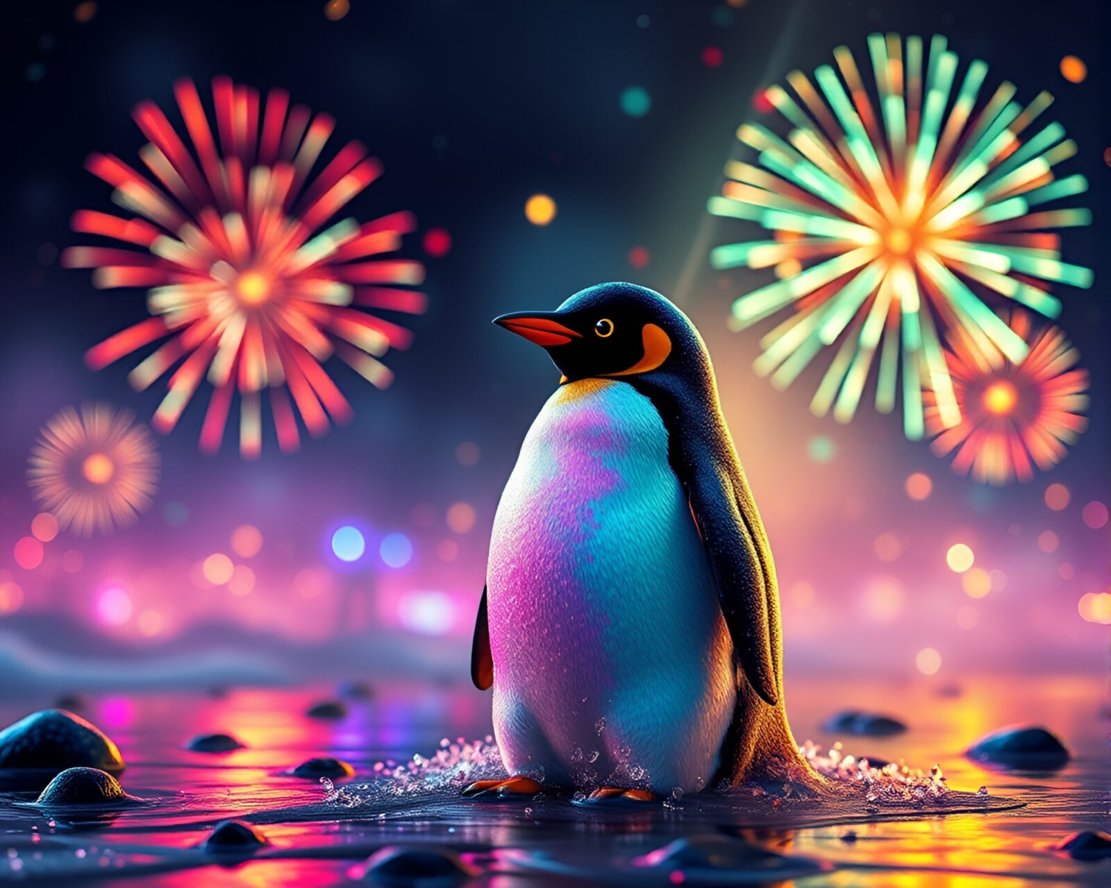 A whimsical penguin surrounded by colorful fireworks against a rainbow backdrop