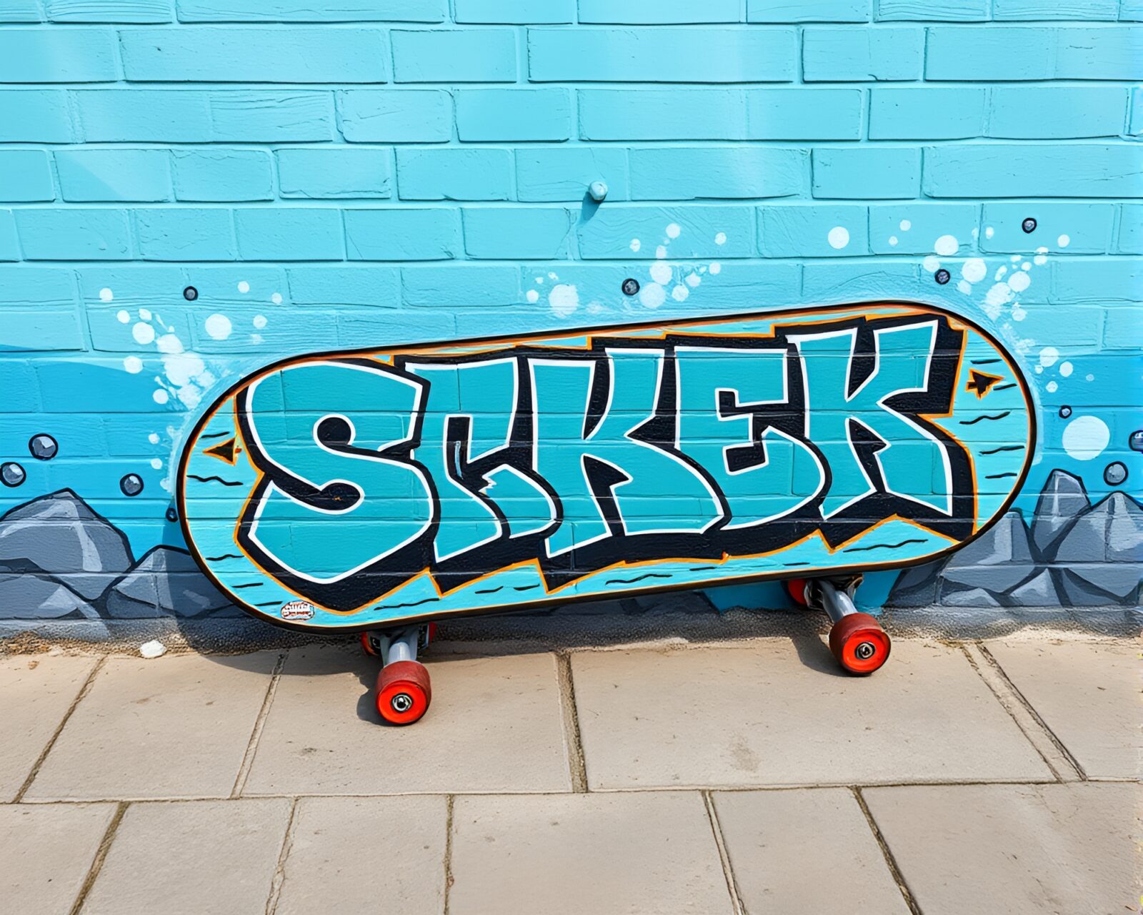 16-bit style skateboarder exploring ocean-blue mural graffiti underwater