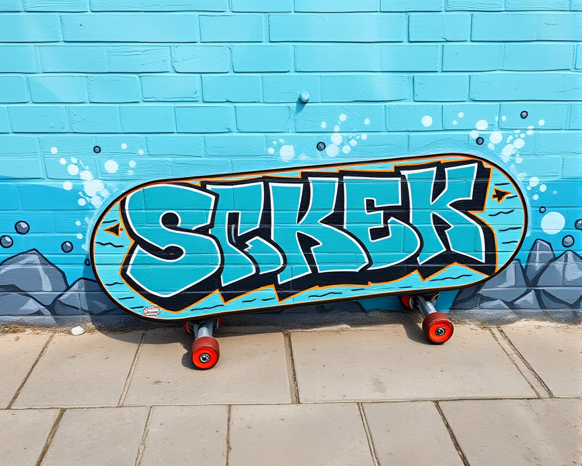 Skater’s Underwater Quest: 16-Bit Mural Graffiti Art – free AI stock image