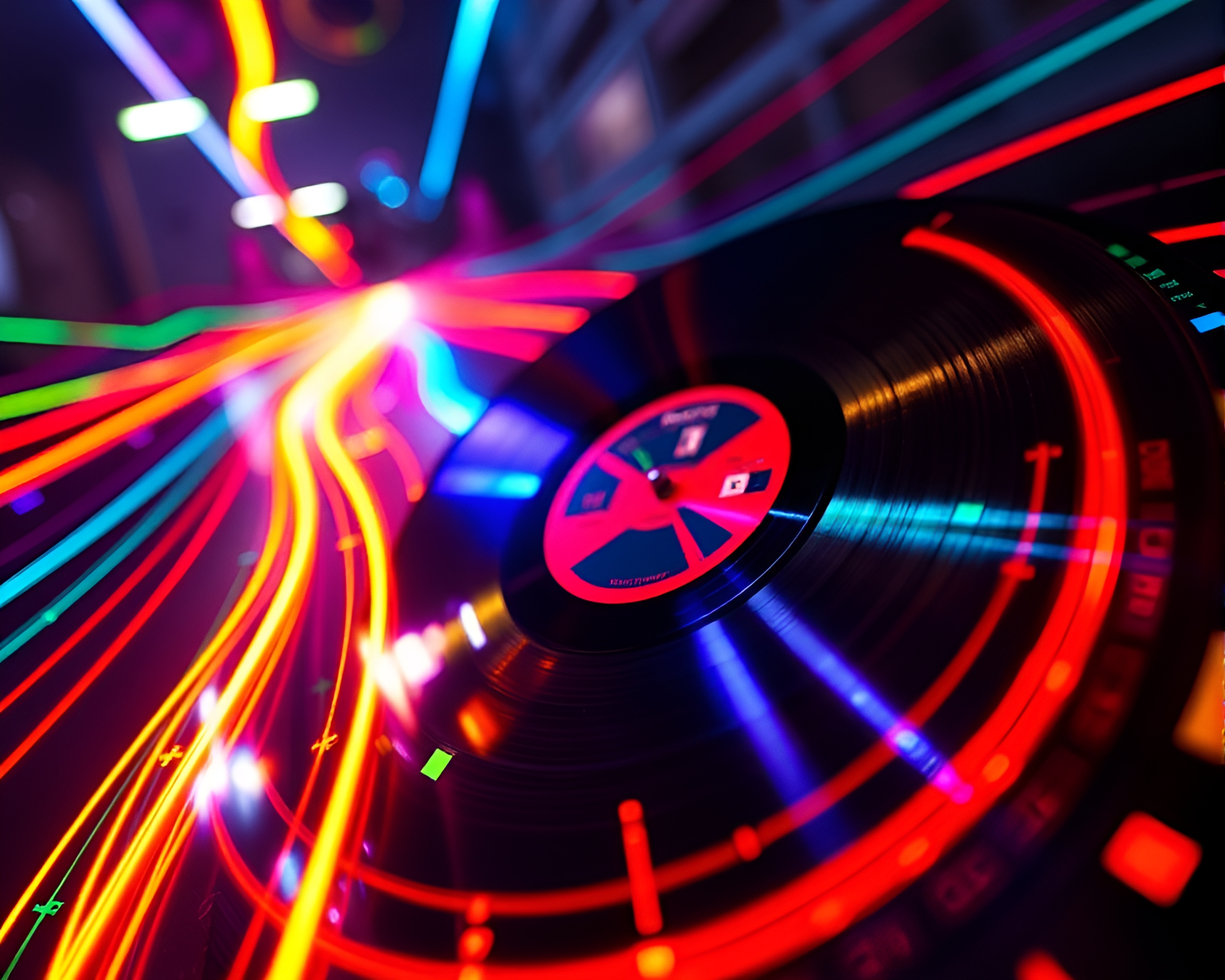 Neon Vinyl Record Light Trails Mosaic Composition – free AI stock image