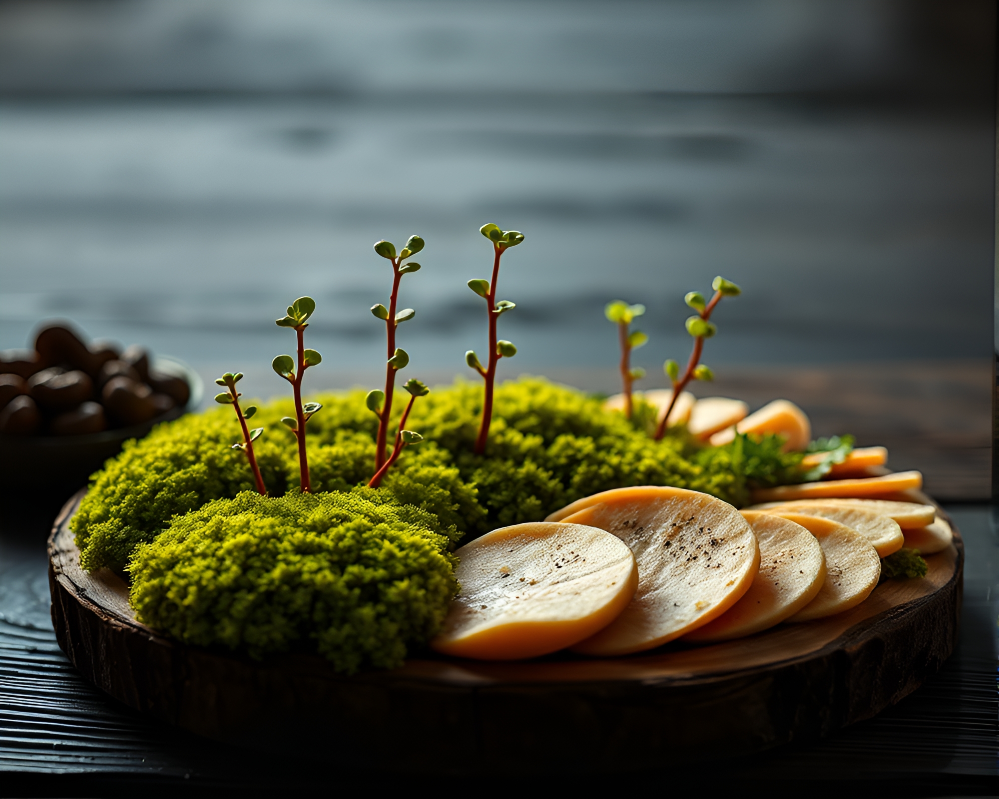 Enchanting Moss-covered Charcuterie Board in Rose Gold Palette – free AI stock image