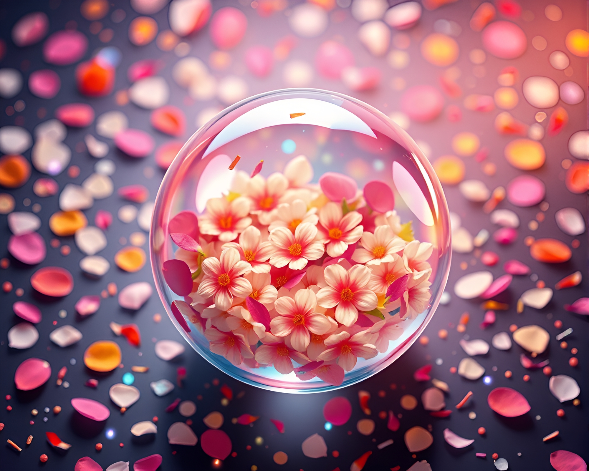 Glass orb filled with vibrant flower petals confetti – free AI stock image