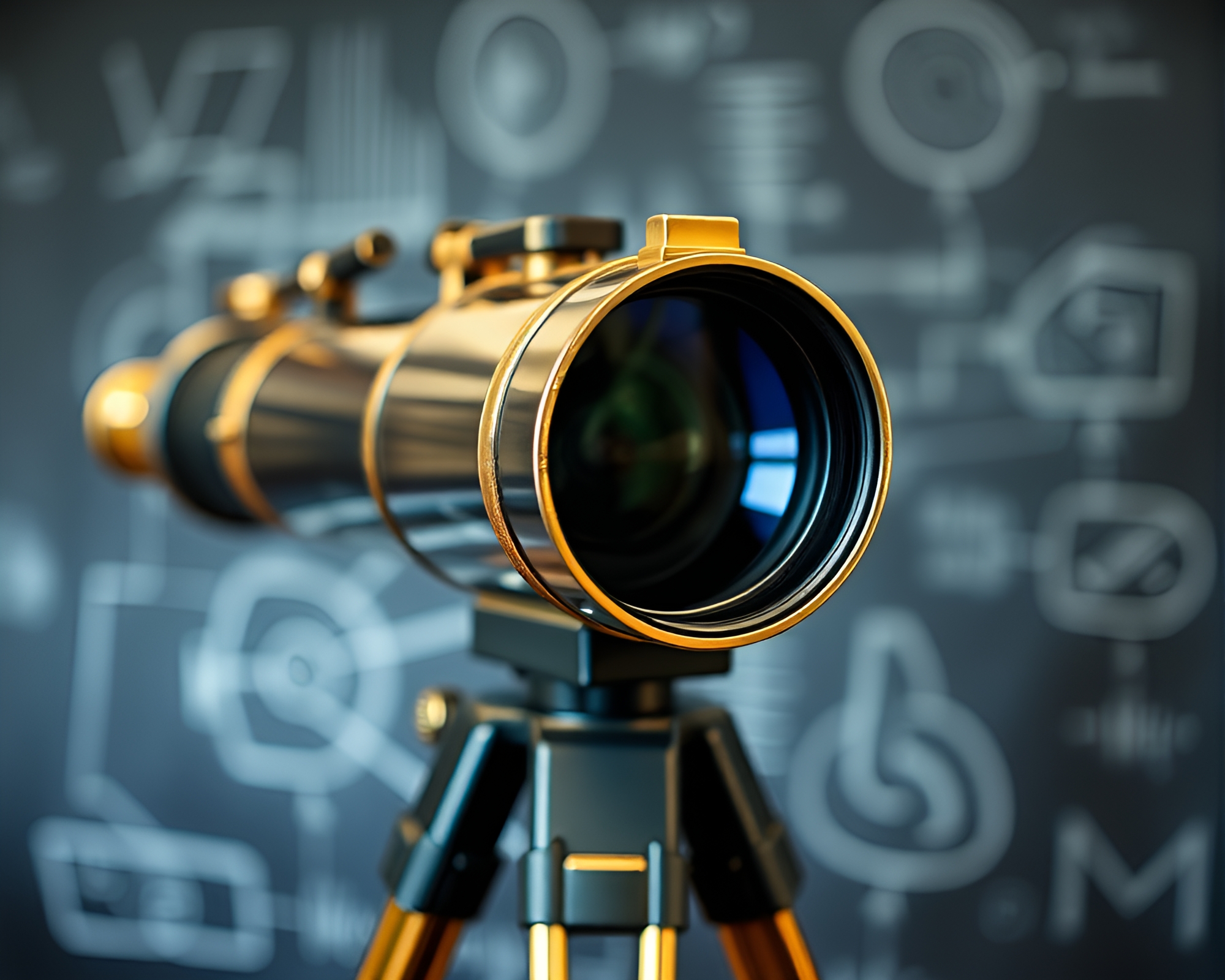 Brass telescope surrounded by chalkboard drawings – free AI stock image