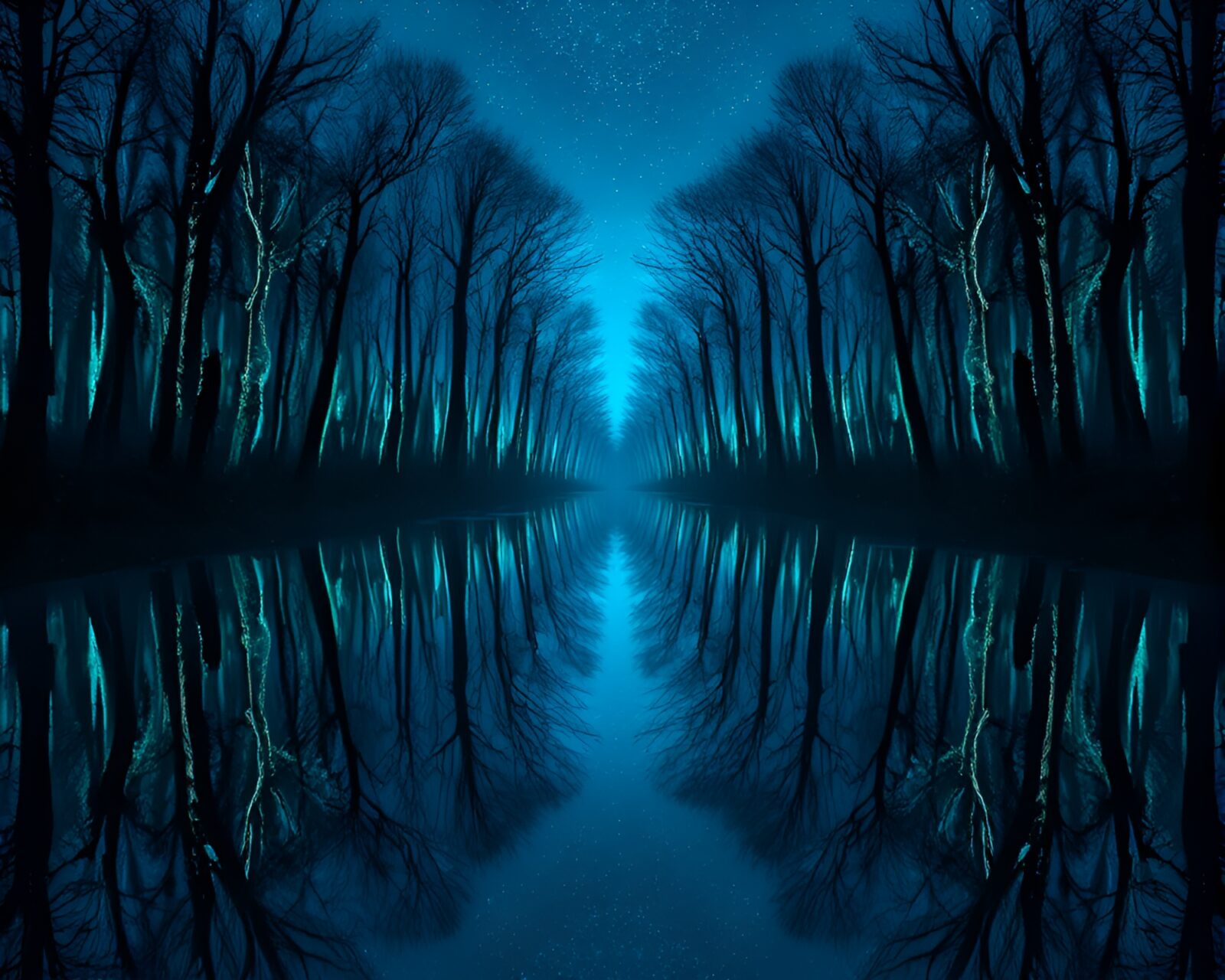 Symmetrical bioluminescent forest with ocean blue lighting, painted style