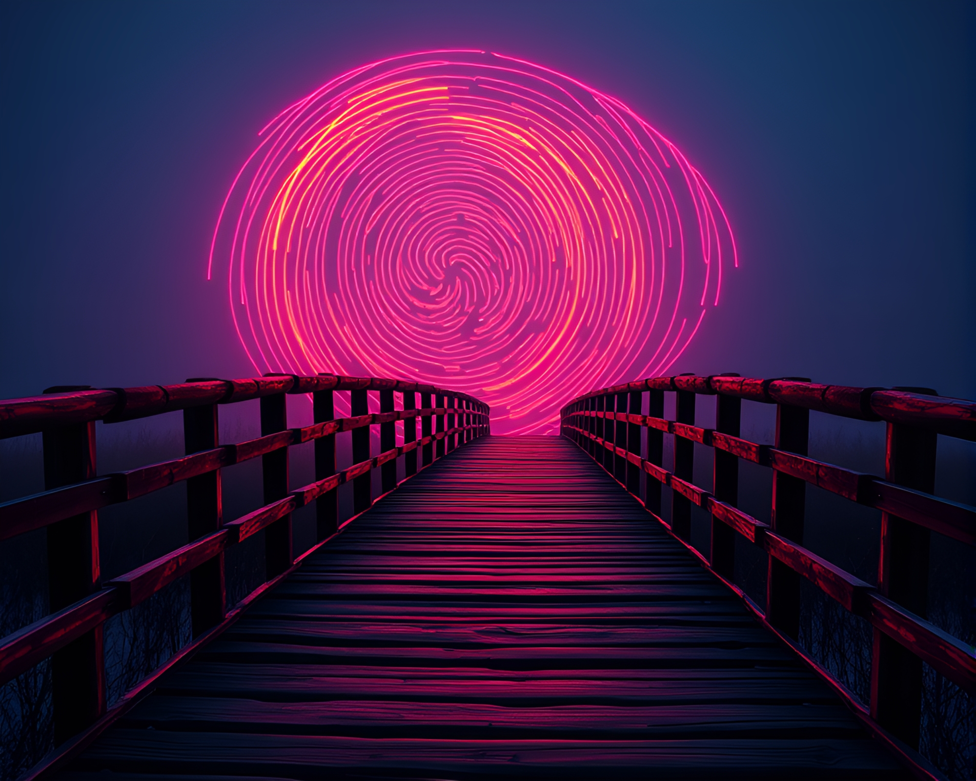 Neon Glow Wooden Bridge with Fingerprint Swirl – free AI stock image
