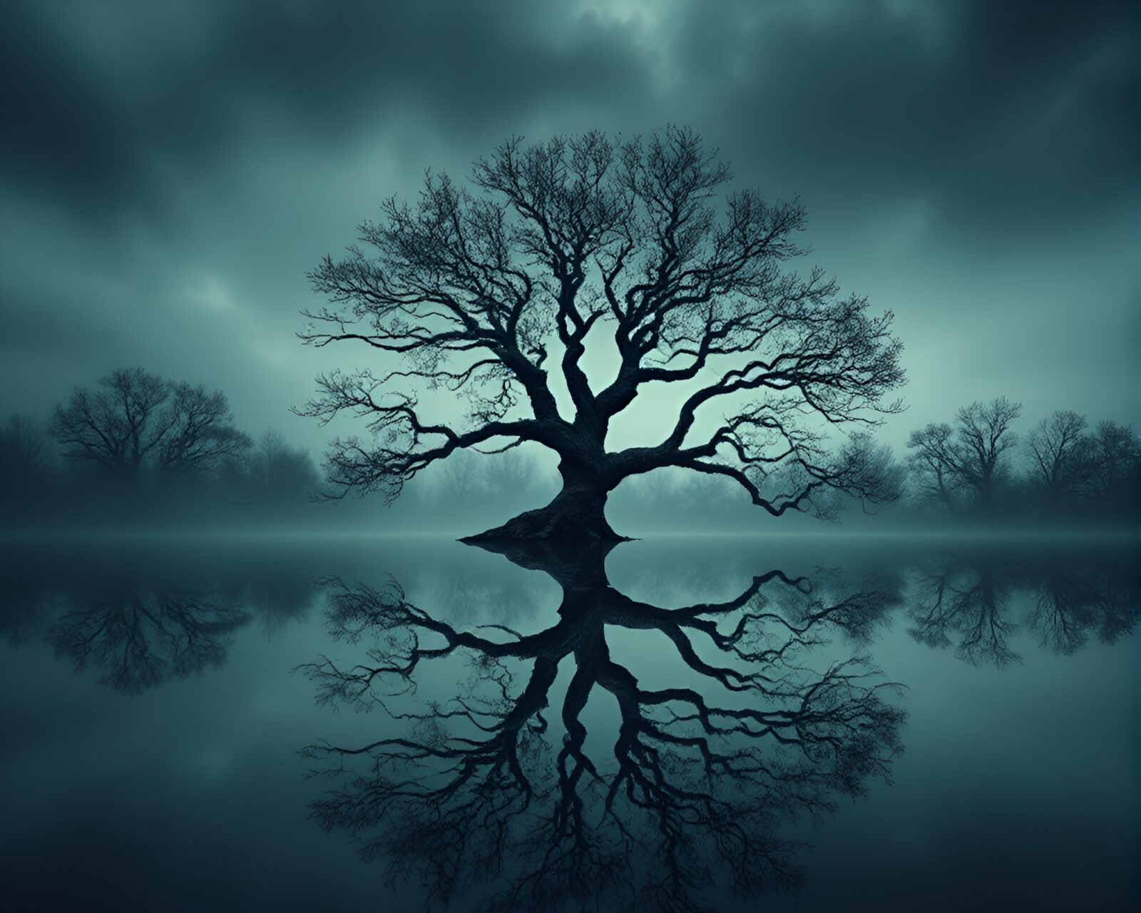 Dystopian style image of a mysterious tree reflecting in indigo water