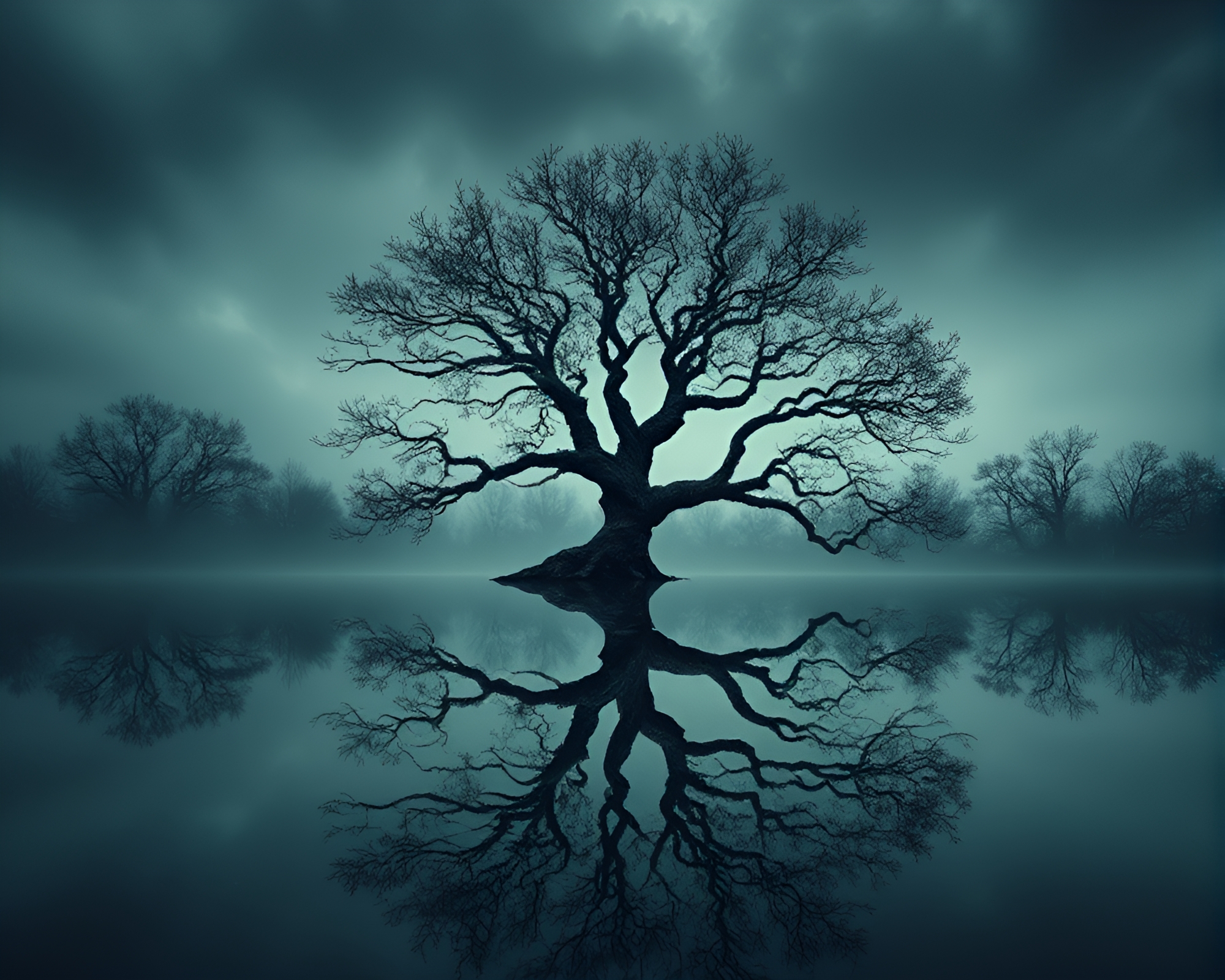 Mystical Ancient Tree Reflected in Indigo Waters – free AI stock image