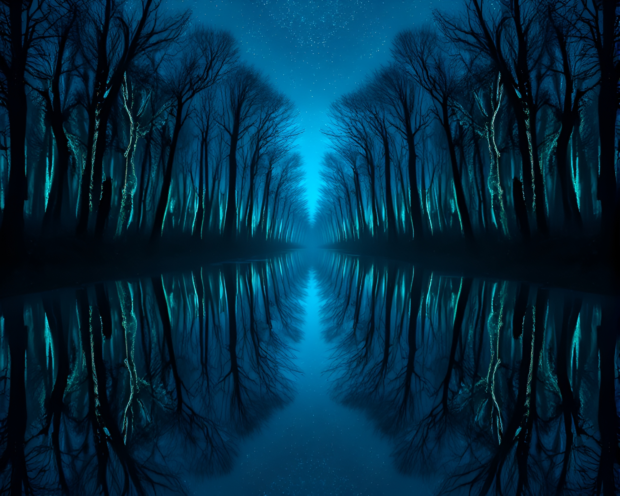 Bioluminescent Forest Reflection: Ocean Blue Matte Painting – free AI stock image