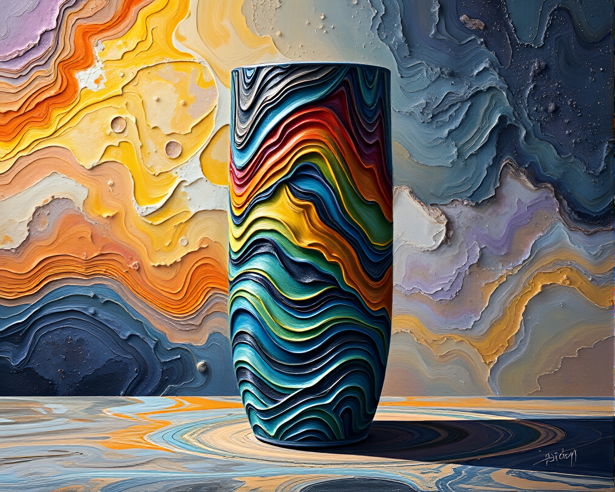 Cosmic Rainbow Vase with Textured Oil Impasto Ridges – free AI stock image