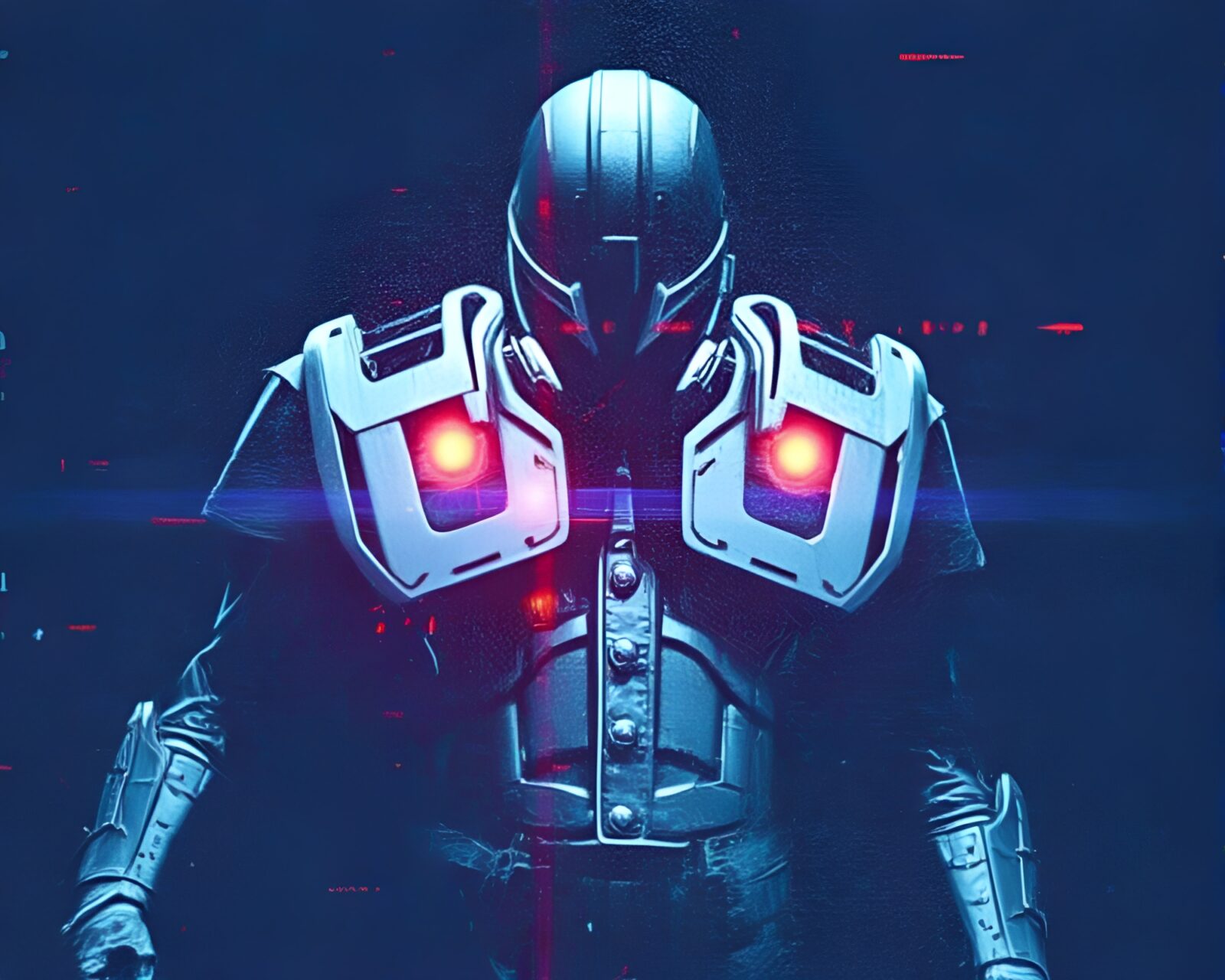A futuristic warrior in denim armor under digital noise