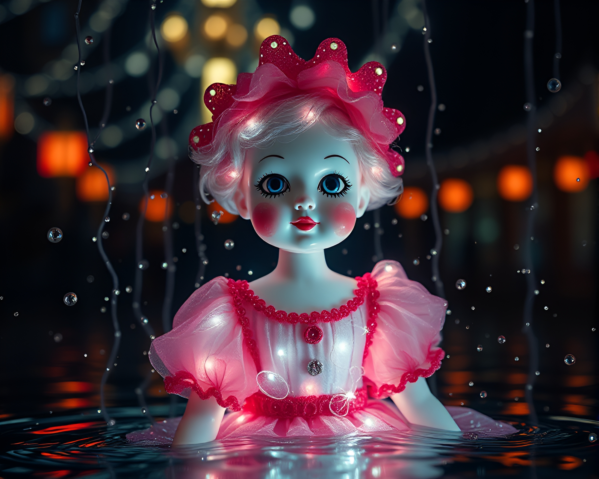 Distorted Porcelain Doll under Carnival Lights – free AI stock image