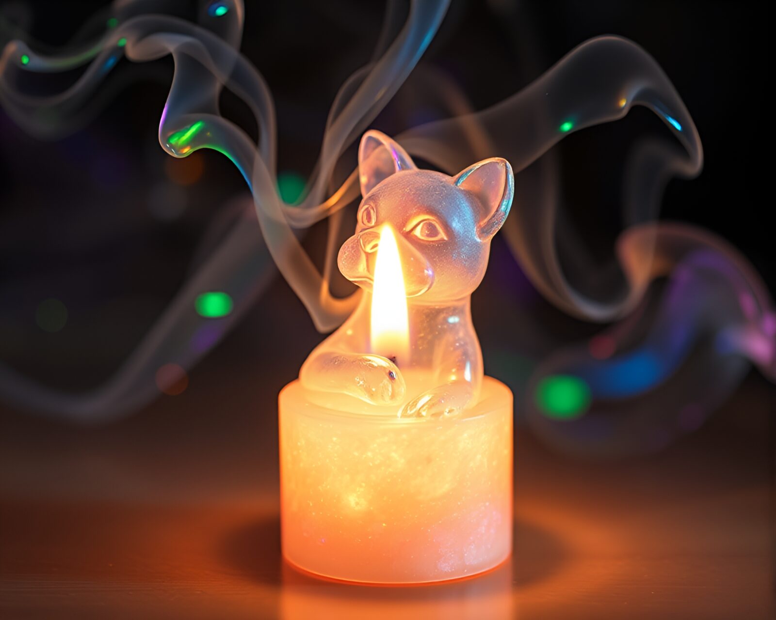 Holographic cat in a topaz-hued smokey room