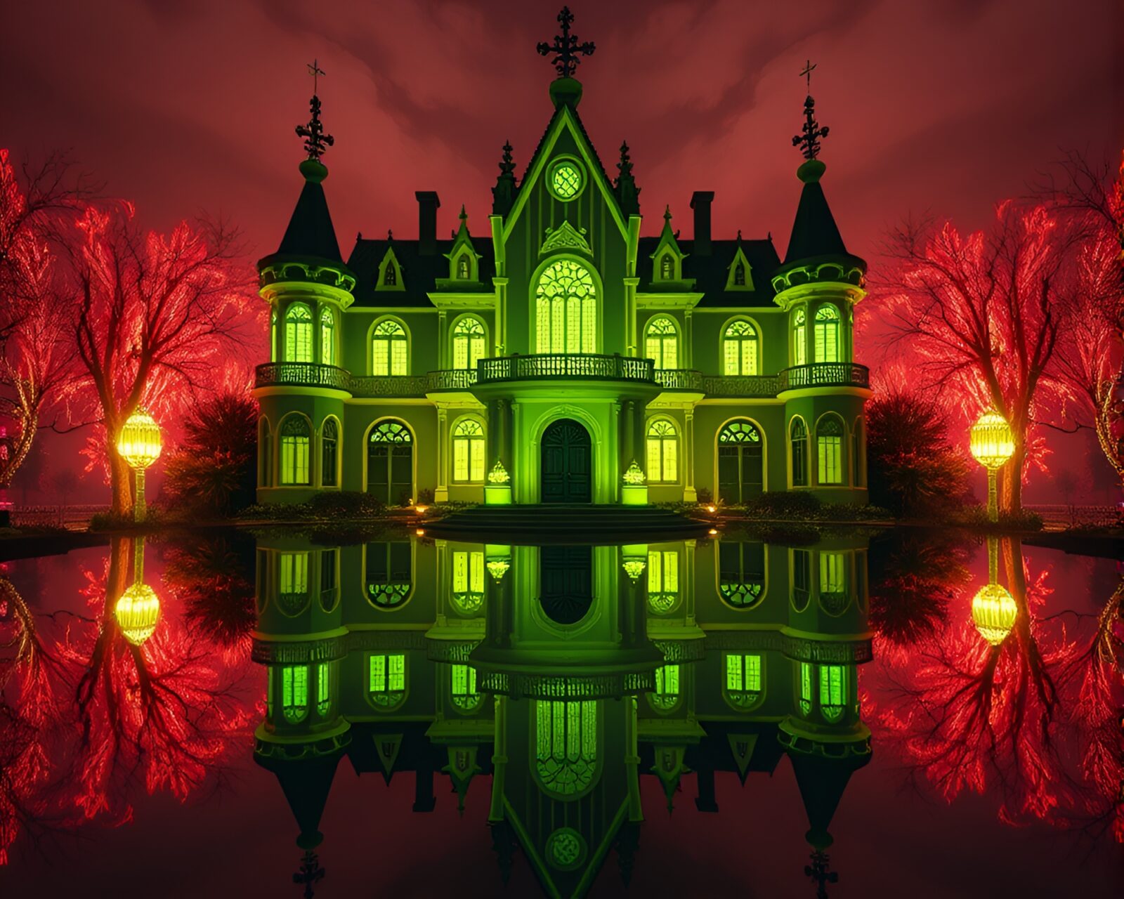 Glowing mirror image of a grand, eerie mansion at night