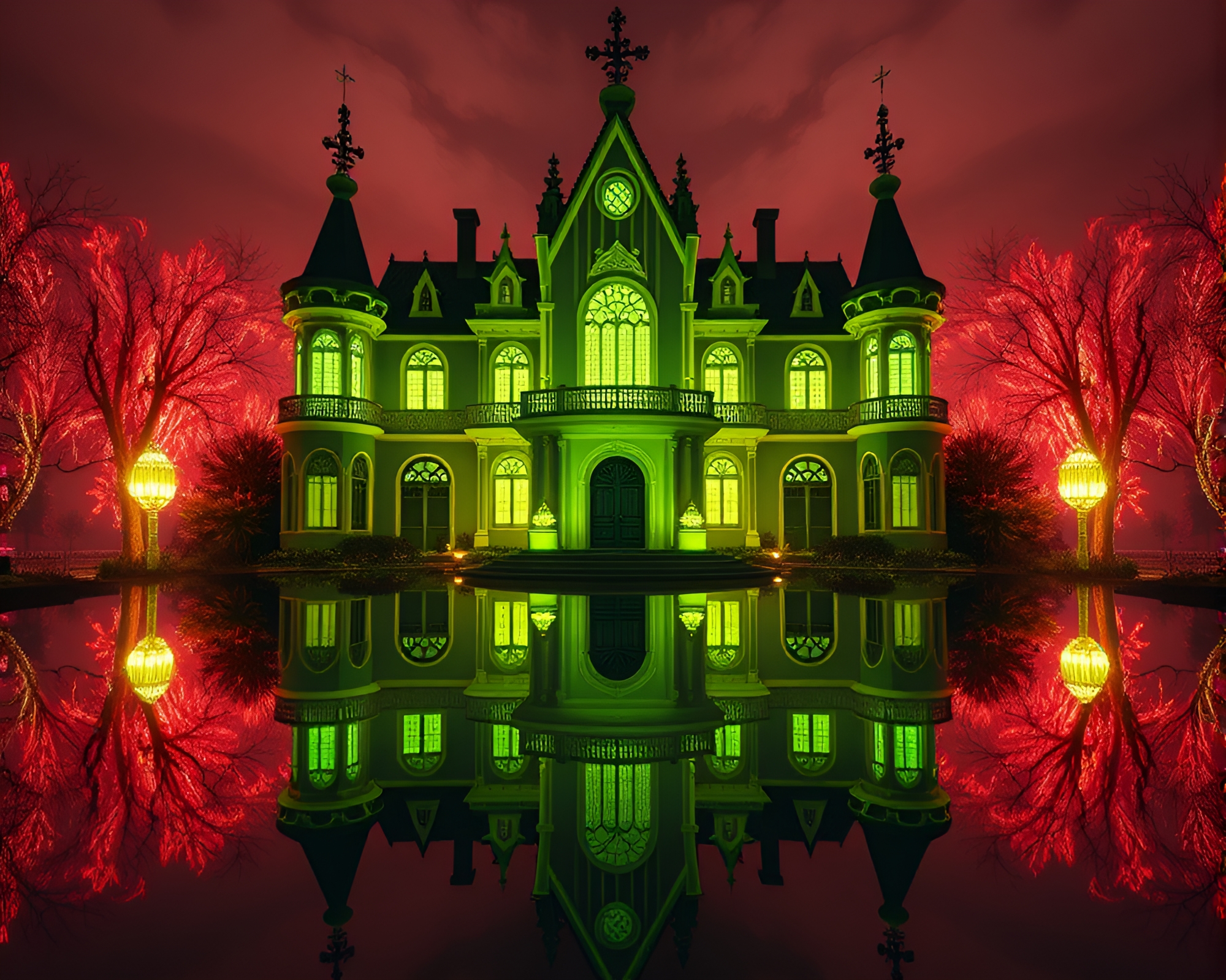 Enigmatic Neo-Gothic Mansion Reflecting Mirror Symmetry – free AI stock image