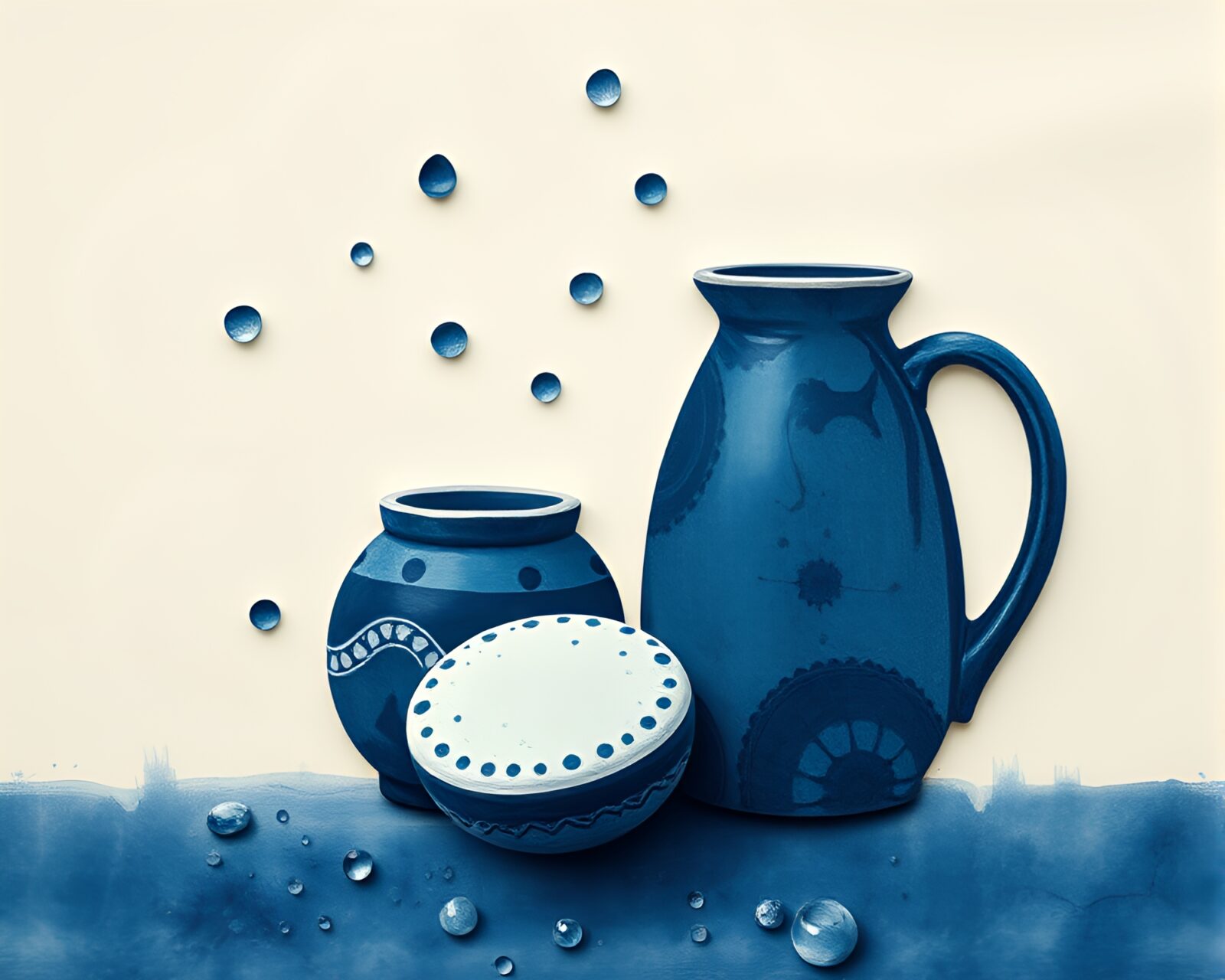 Rustic pottery pieces with shimmering water droplets under moonlight