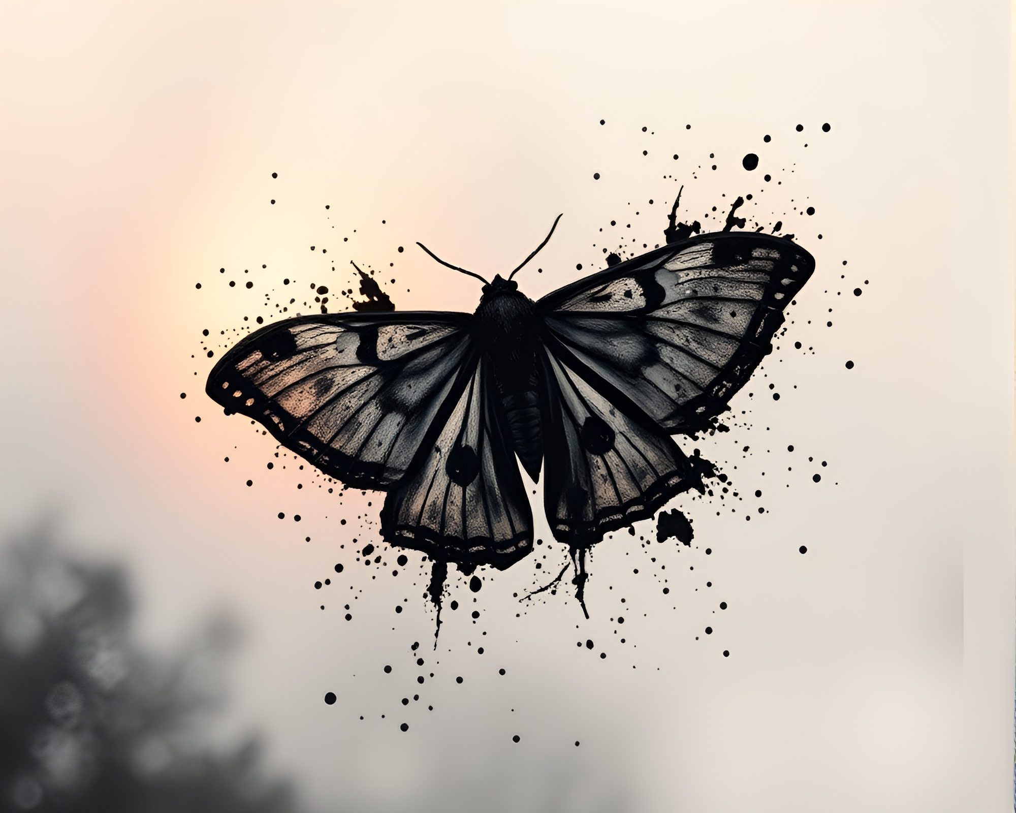 Ink Splashed Moth at Dawn Mist – free AI stock image