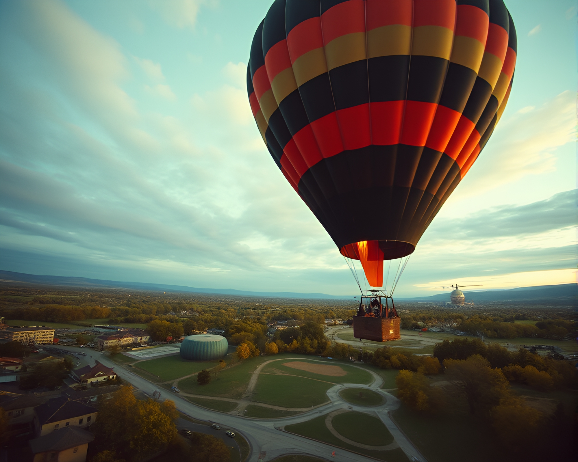 Surreal Hot Air Balloon Adventure in Vintage Line Art Style – free AI stock image