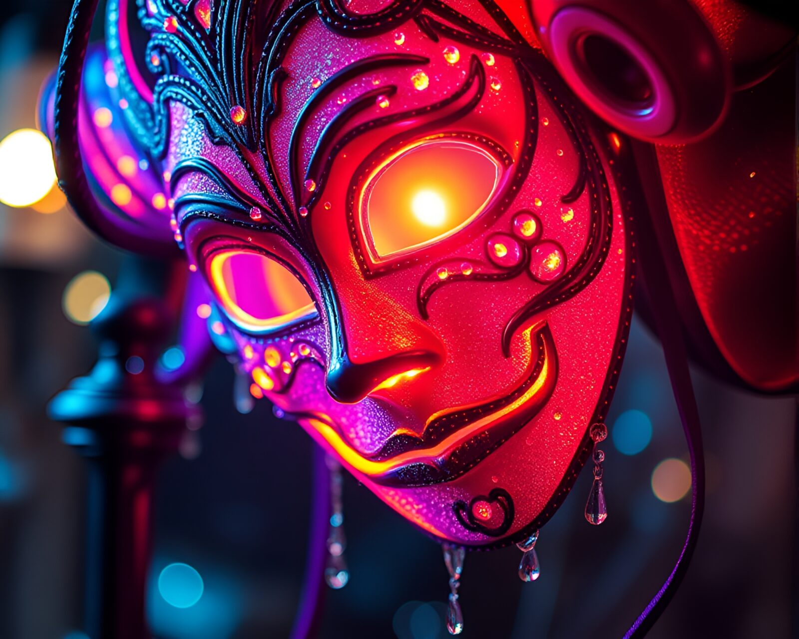Venetian mask adorned with dew drops under warm library lamp glow