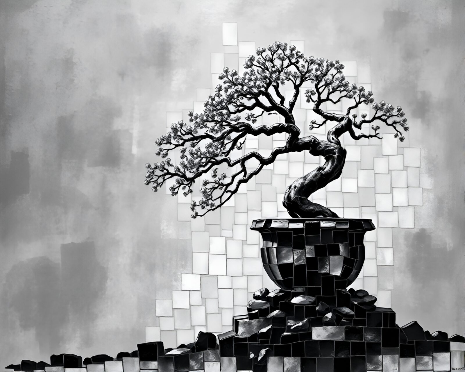 An impressionist black framed mosaic of a bonsai tree.