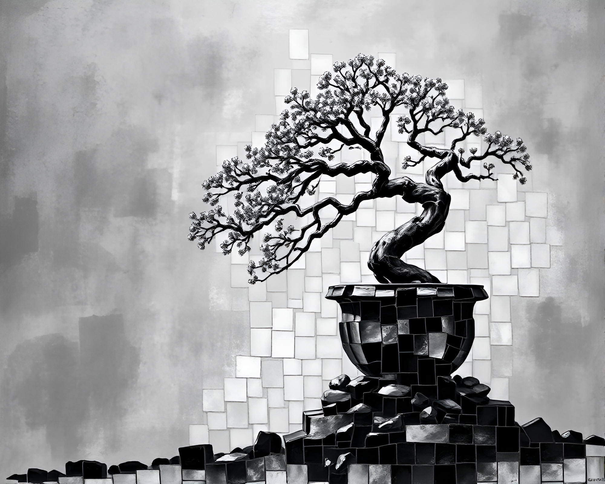 Bonsai Tree Charcoal Mosaic Masterpiece – free AI stock image