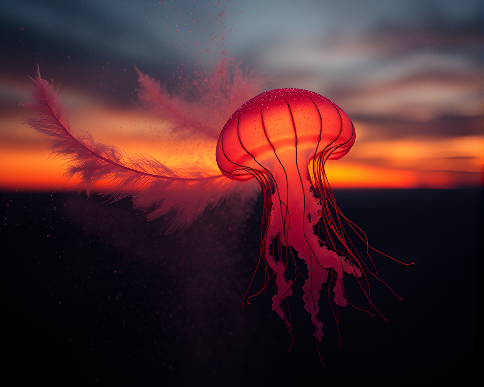 Bioluminescent Jellyfish Dancing in Warm Sunset Infrared Light – free AI stock image