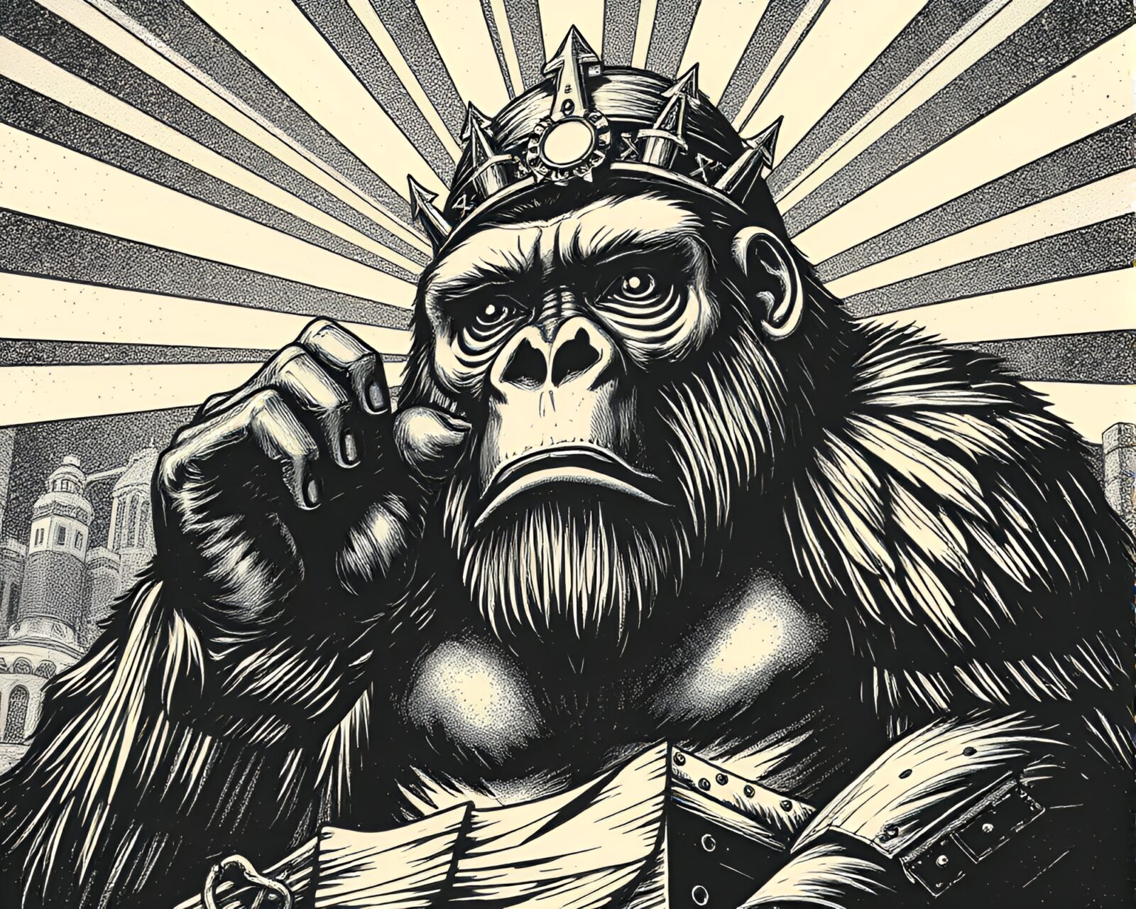 Illustration of a stippling-styled steampunk gorilla under divine light