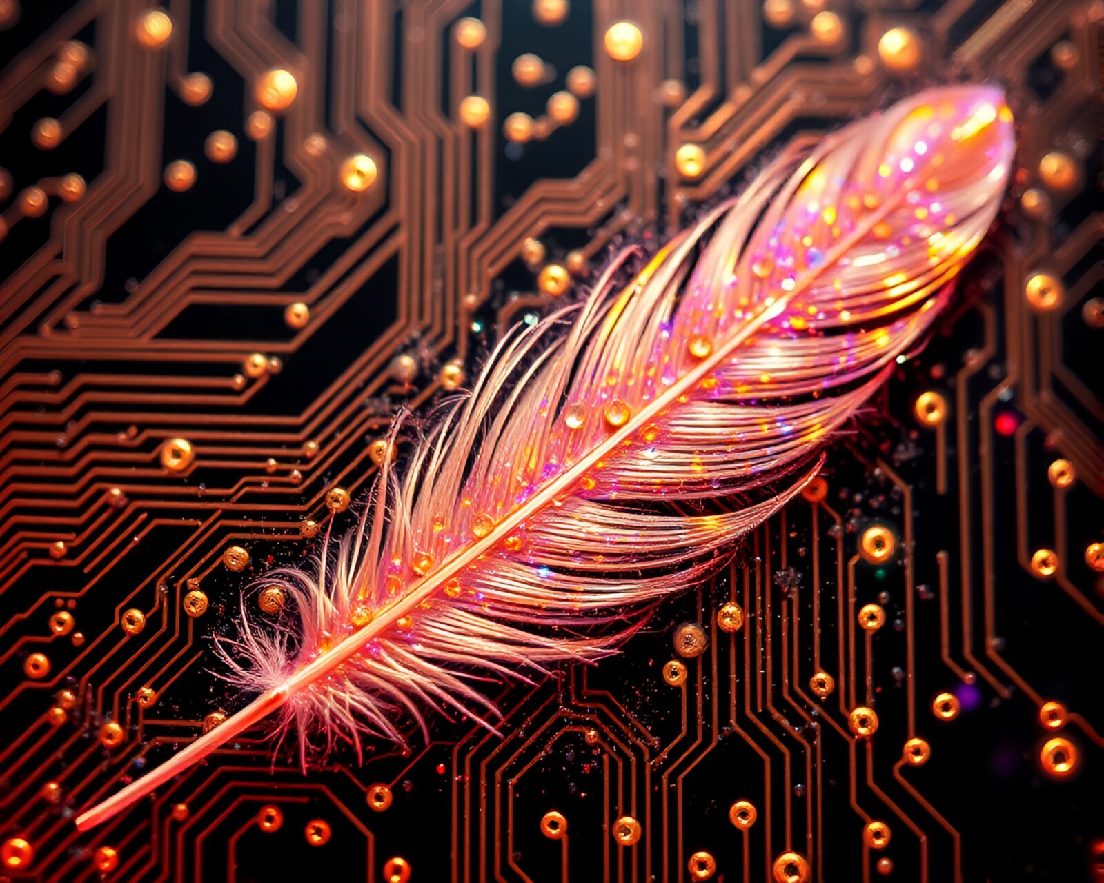 Holographic feathers dusting glowing circuit board in digital art style