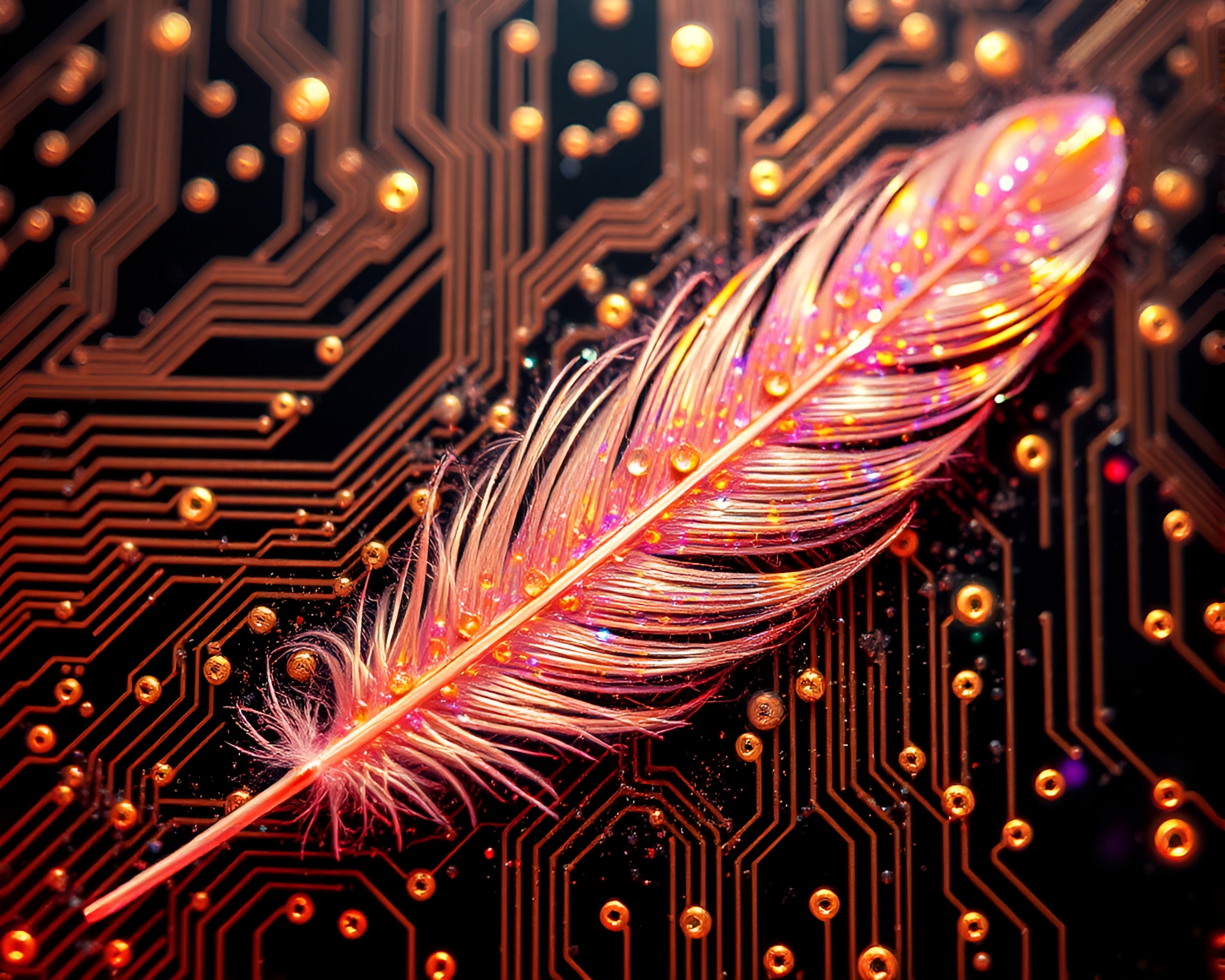 Futuristic Circuit Board Feather Dusting Digital Painting – free AI stock image