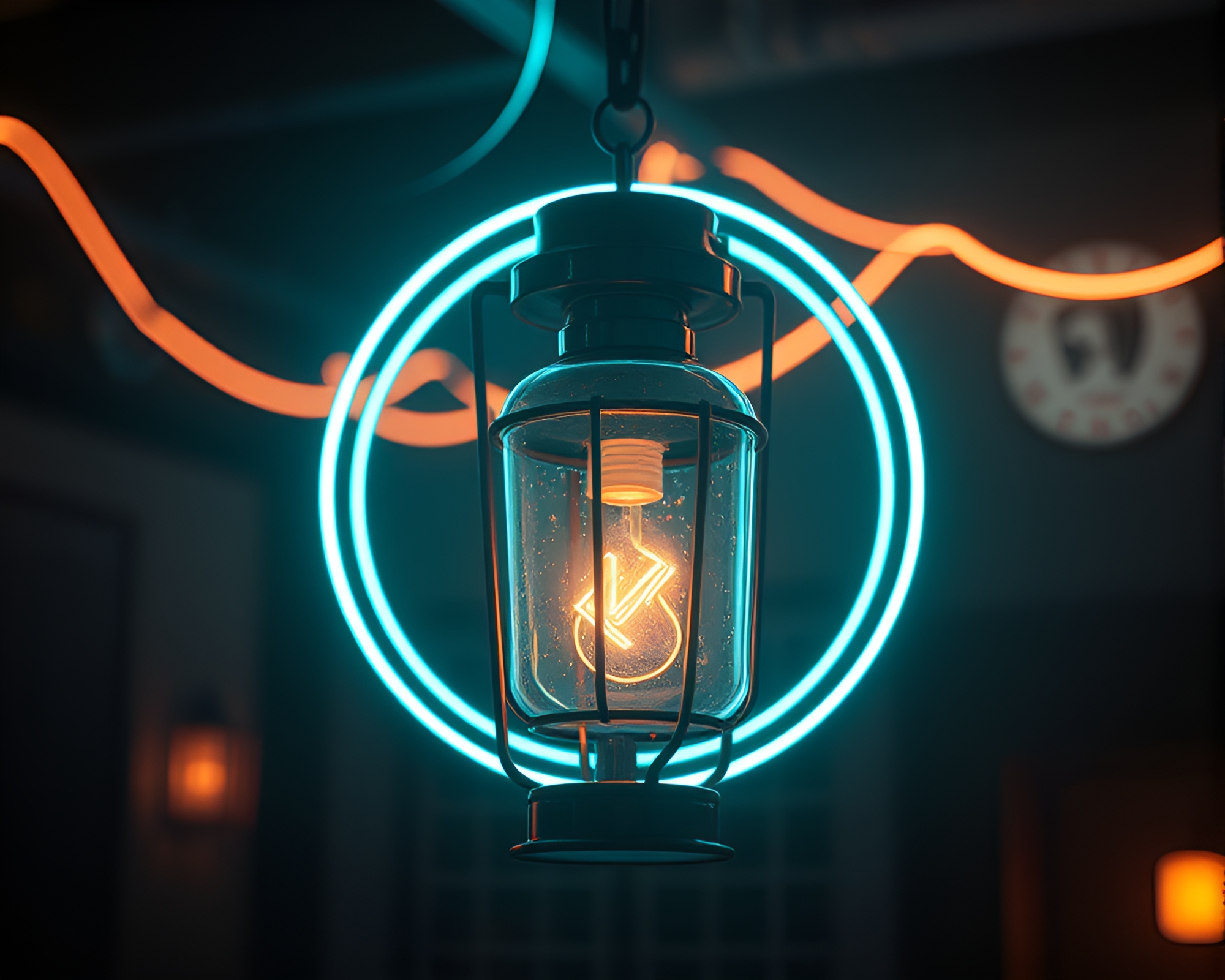 Neon Wireframe meets Oil Lantern in Underexposed CGI – free AI stock image