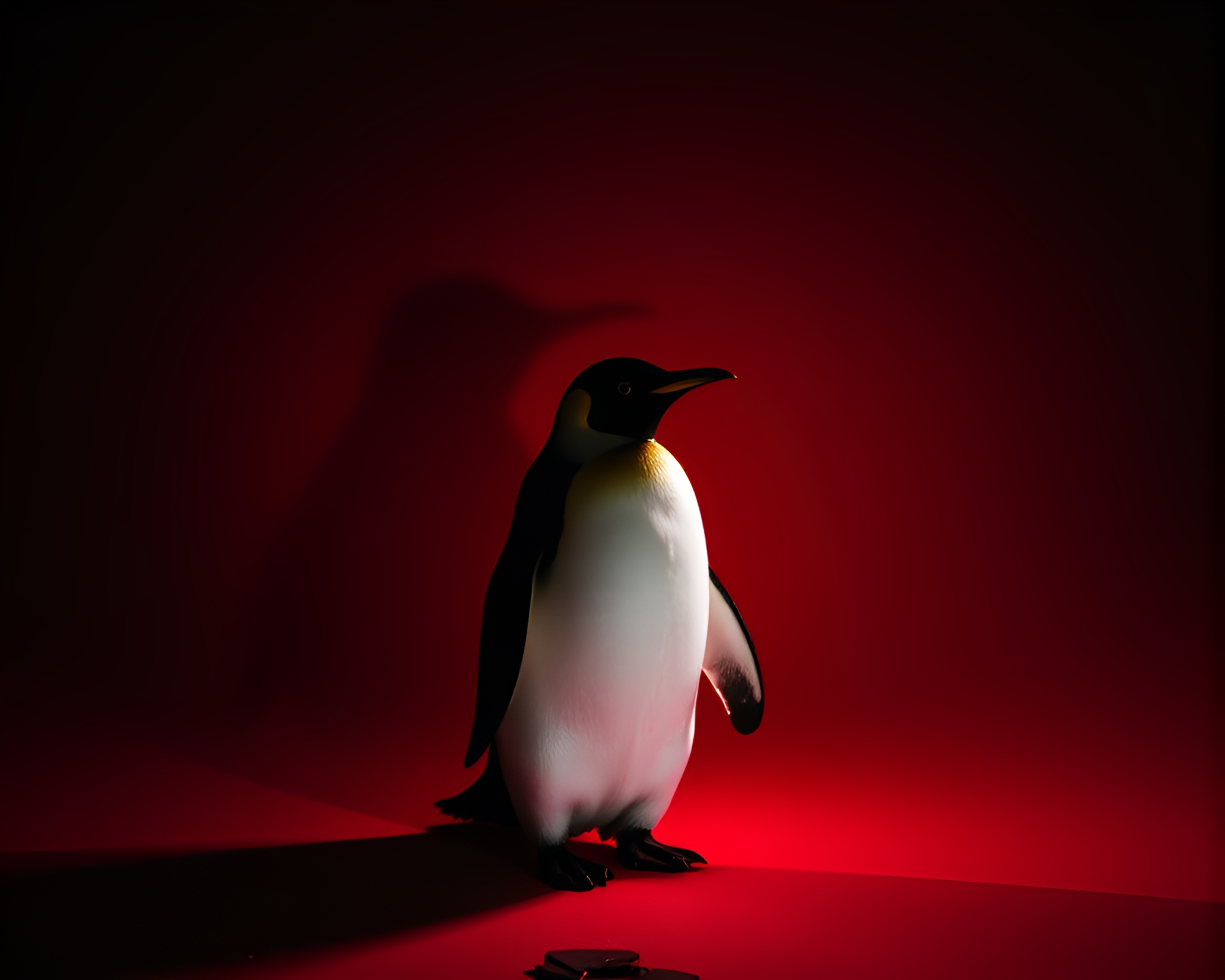Retro Penguin Shadow Play in Monochrome Red – free AI stock image