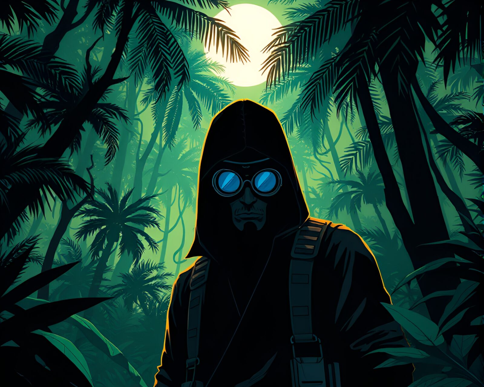 Fantasy illustration of a cyberpunk vigilante in a jungle canopy