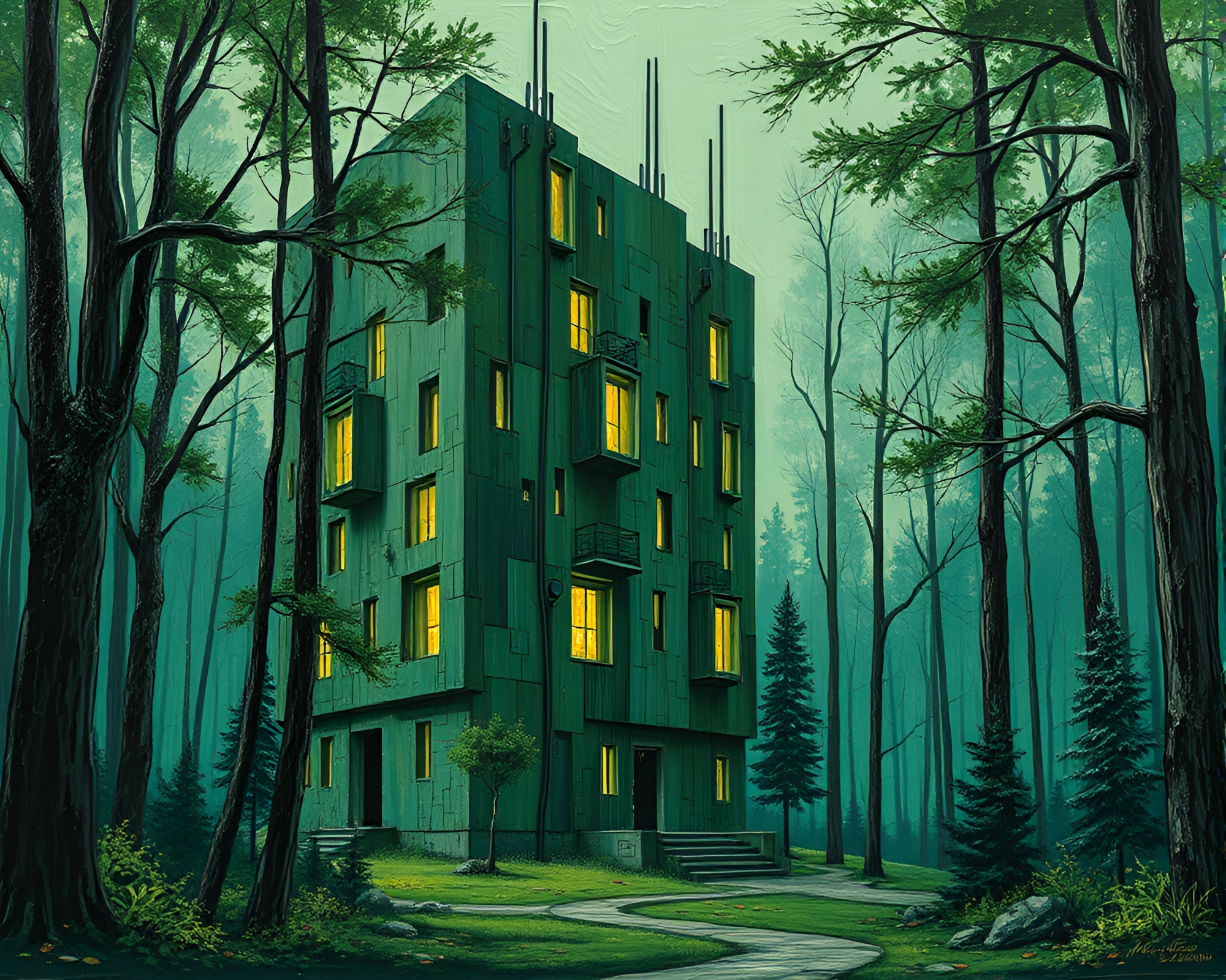 Enchanted Forest Green Brutalist Building Acrylic Painting – free AI stock image