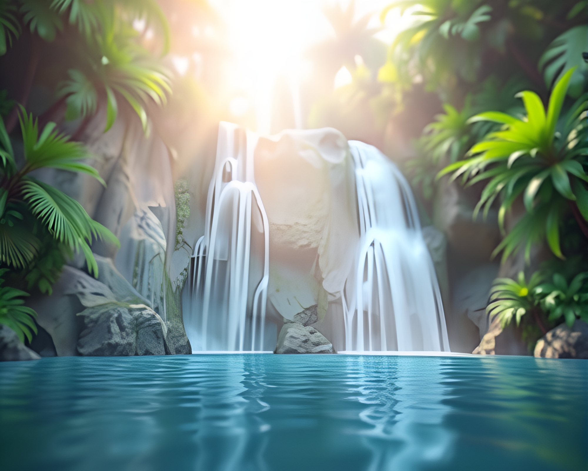 Tropical Waterfall Illusion in Digital Low-Poly 3D – free AI stock image