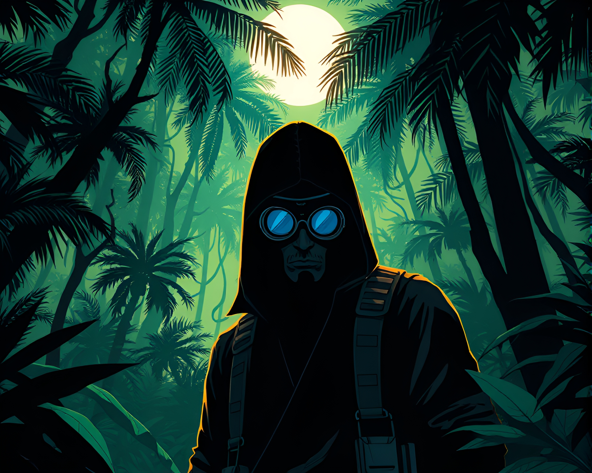 Cyberpunk Vigilante Amid Jungle Canopy Shade – free AI stock image