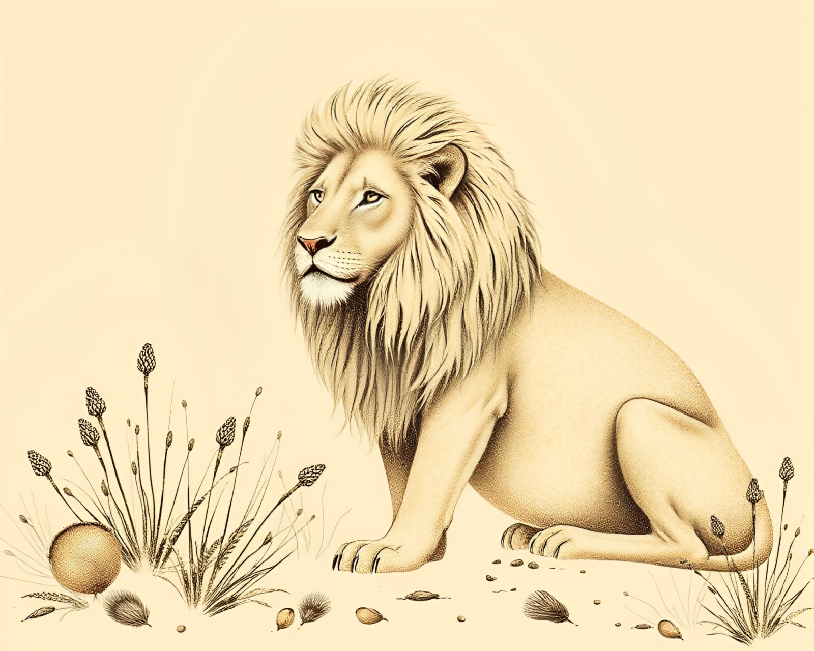 Detailed botanical illustration of lion in desert-sand hues
