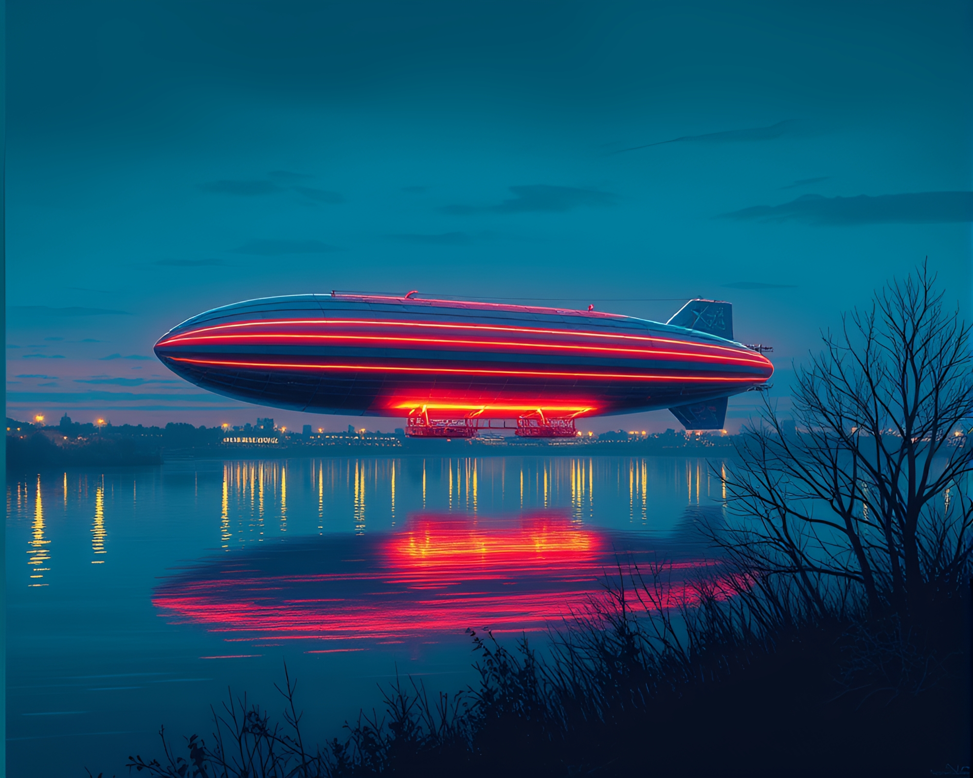 Twilight Zeppelin: Neon Reflections – free AI stock image