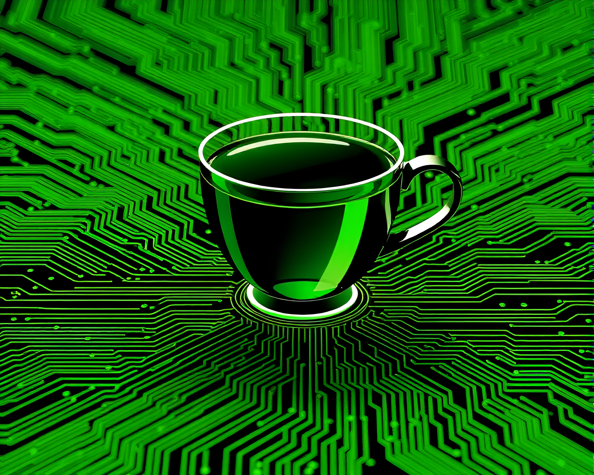 Futuristic Floating Tea Cup Circuit Board ASCII Art – free AI stock image