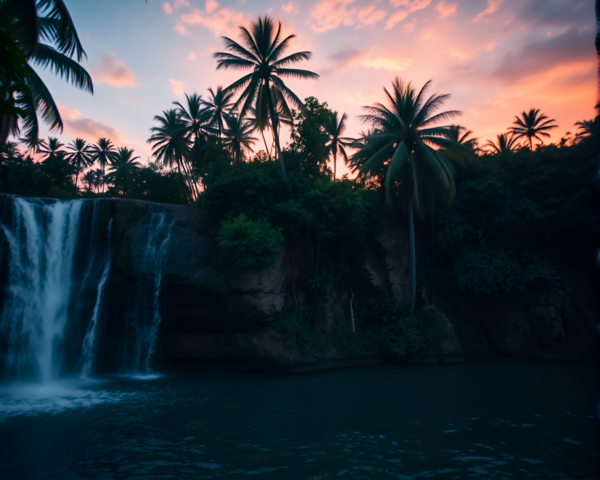 Tropical Waterfall Sunset with Calligraphy Art Style – free AI stock image